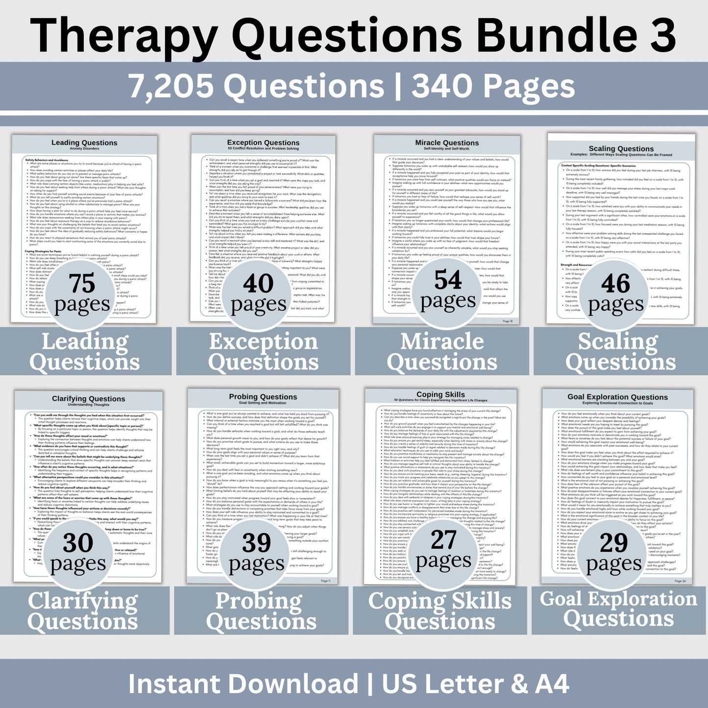 7,205 therapy questions across 300+ pages. SAVE 25% with Bundle. This essential resource for mental health professionals includes leading questions, exception questions, miracle questions, scaling questions, clarifying questions, probing questions, coping skills questions, and goal exploration questions.