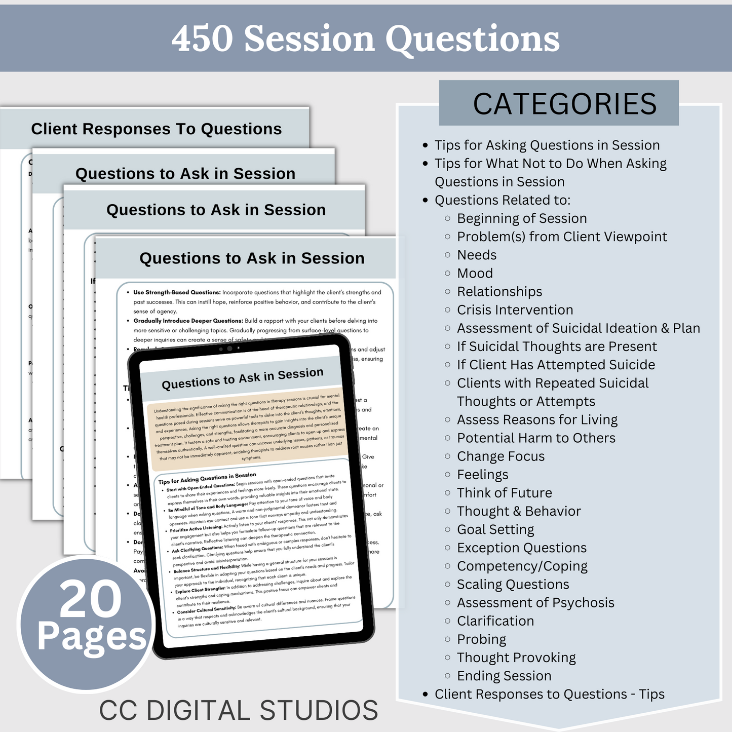2,750 curated therapy questions across teen therapy, suicide inquiry, redirecting, motivational interviewing, couples therapy, rapport-building, and group therapy. SAVE 25% with this bundle