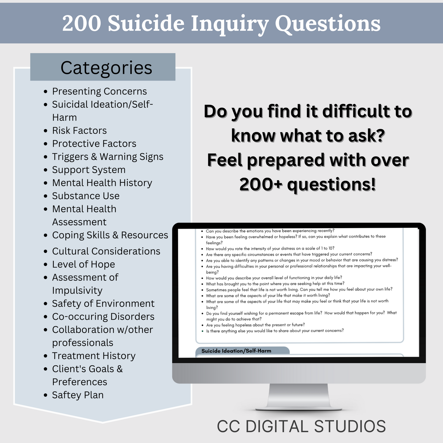 2,750 curated therapy questions across teen therapy, suicide inquiry, redirecting, motivational interviewing, couples therapy, rapport-building, and group therapy. SAVE 25% with this bundle