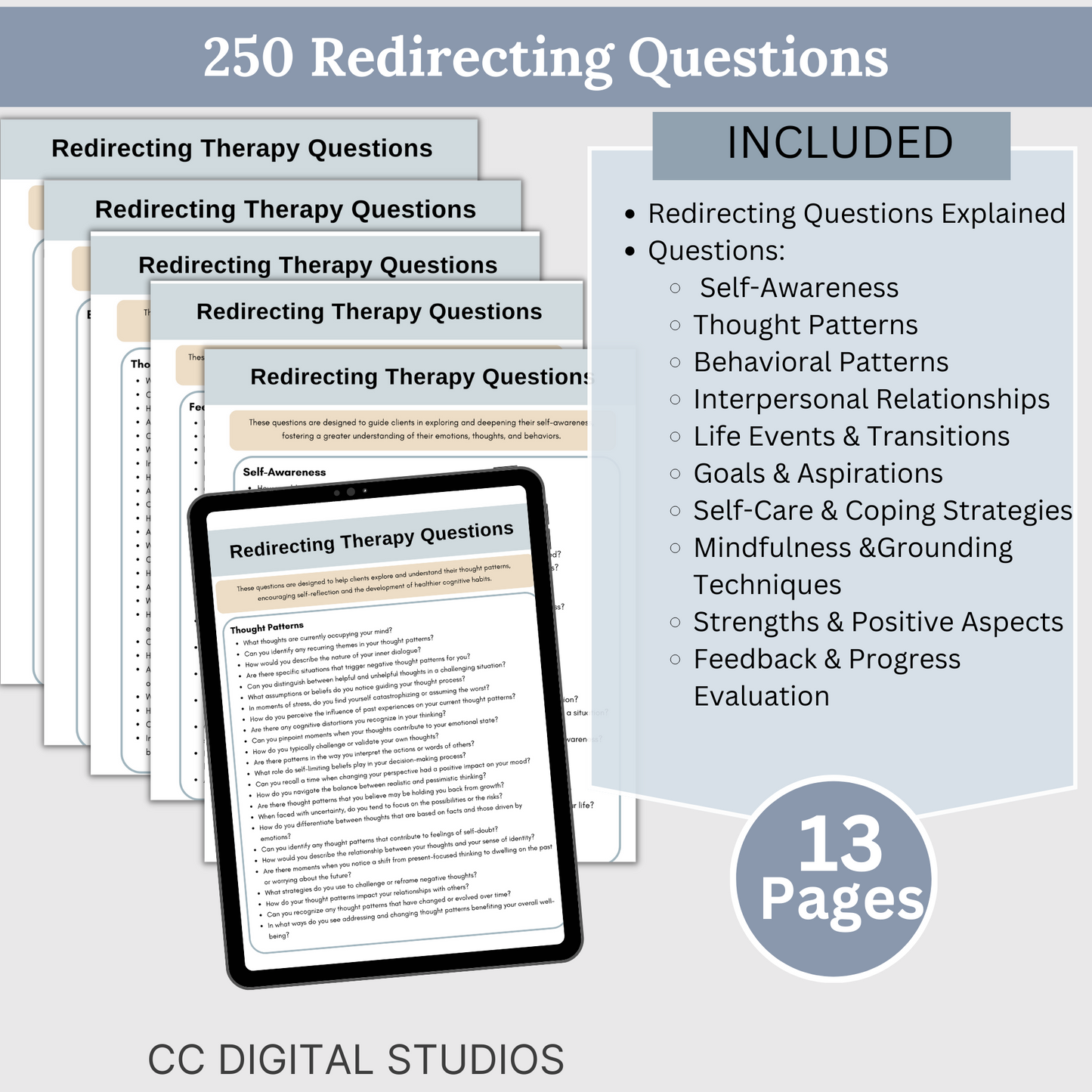2,750 curated therapy questions across teen therapy, suicide inquiry, redirecting, motivational interviewing, couples therapy, rapport-building, and group therapy. SAVE 25% with this bundle