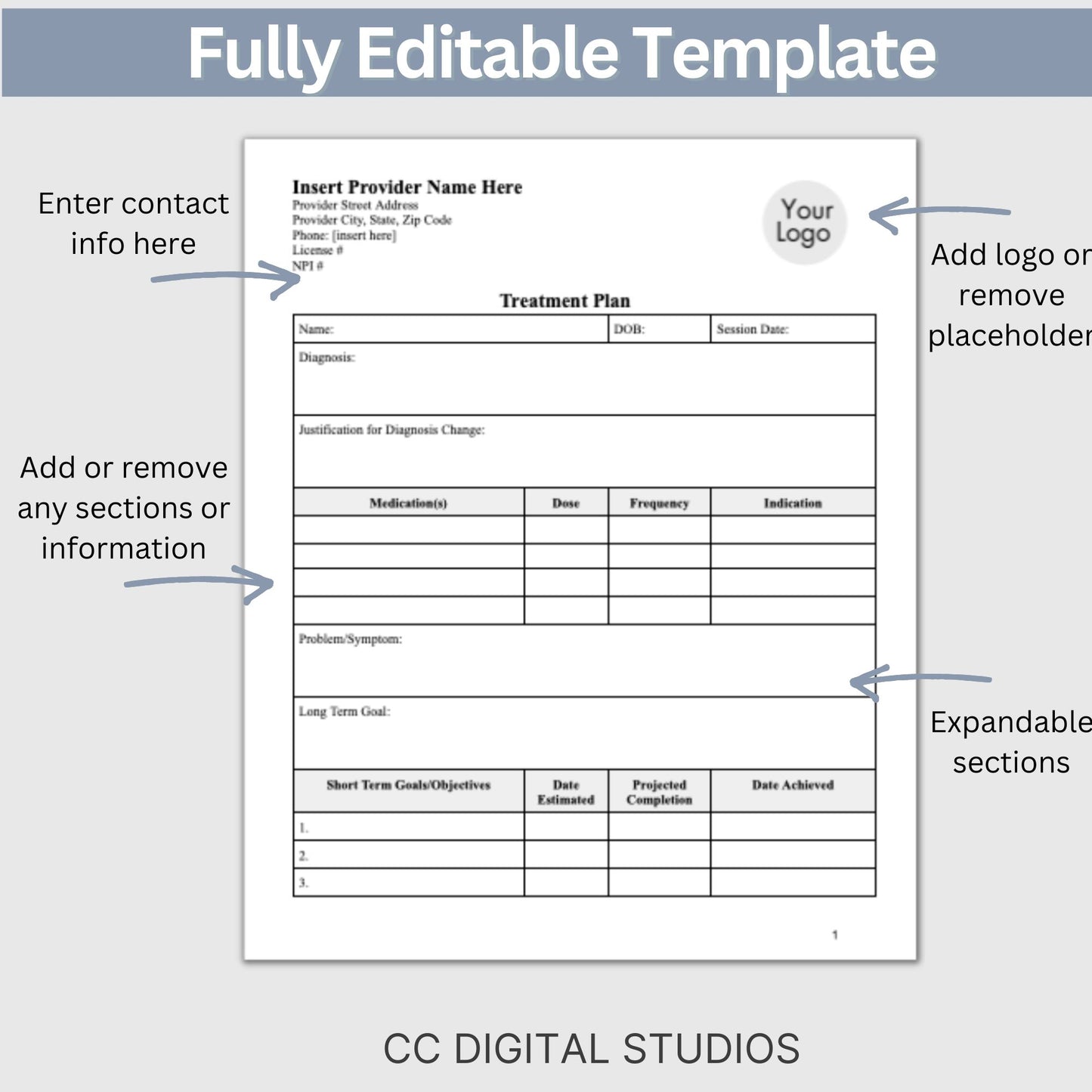 Treatment Plan Template, a fully editable Google Doc designed to optimize your private practice or counseling office. This form empowers therapists to streamline their documentation process with efficient therapy notes.