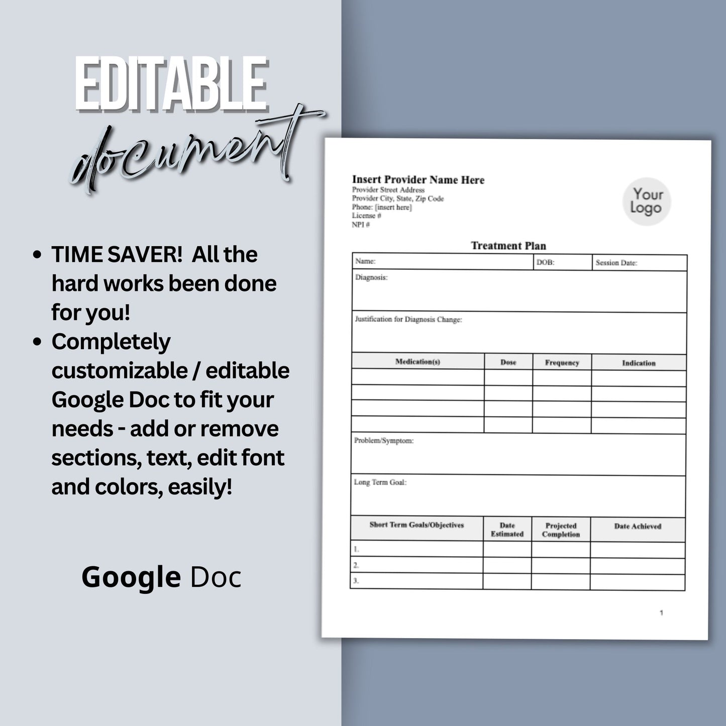 Treatment Plan Template, a fully editable Google Doc designed to optimize your private practice or counseling office. This form empowers therapists to streamline their documentation process with efficient therapy notes.