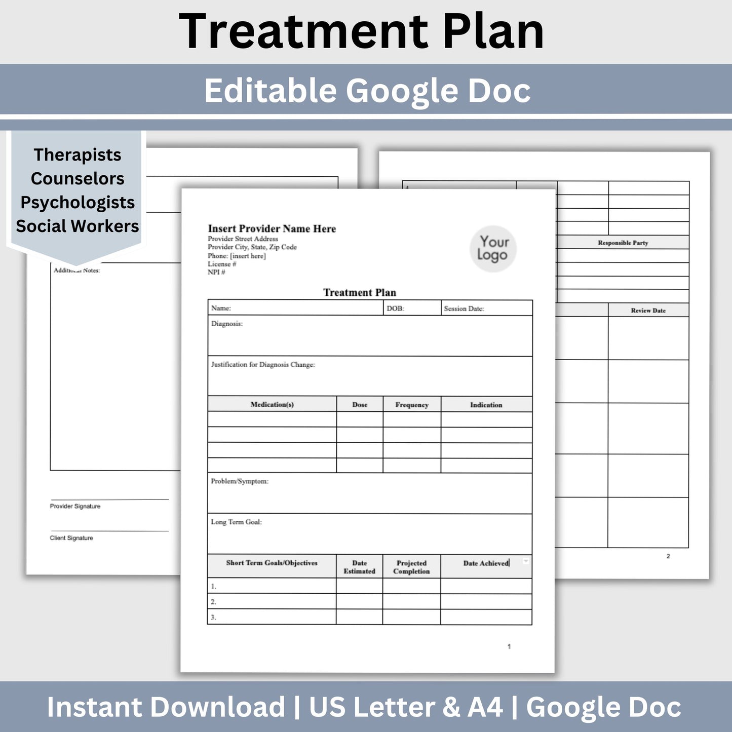 Treatment Plan Template, a fully editable Google Doc designed to optimize your private practice or counseling office. This form empowers therapists to streamline their documentation process with efficient therapy notes.