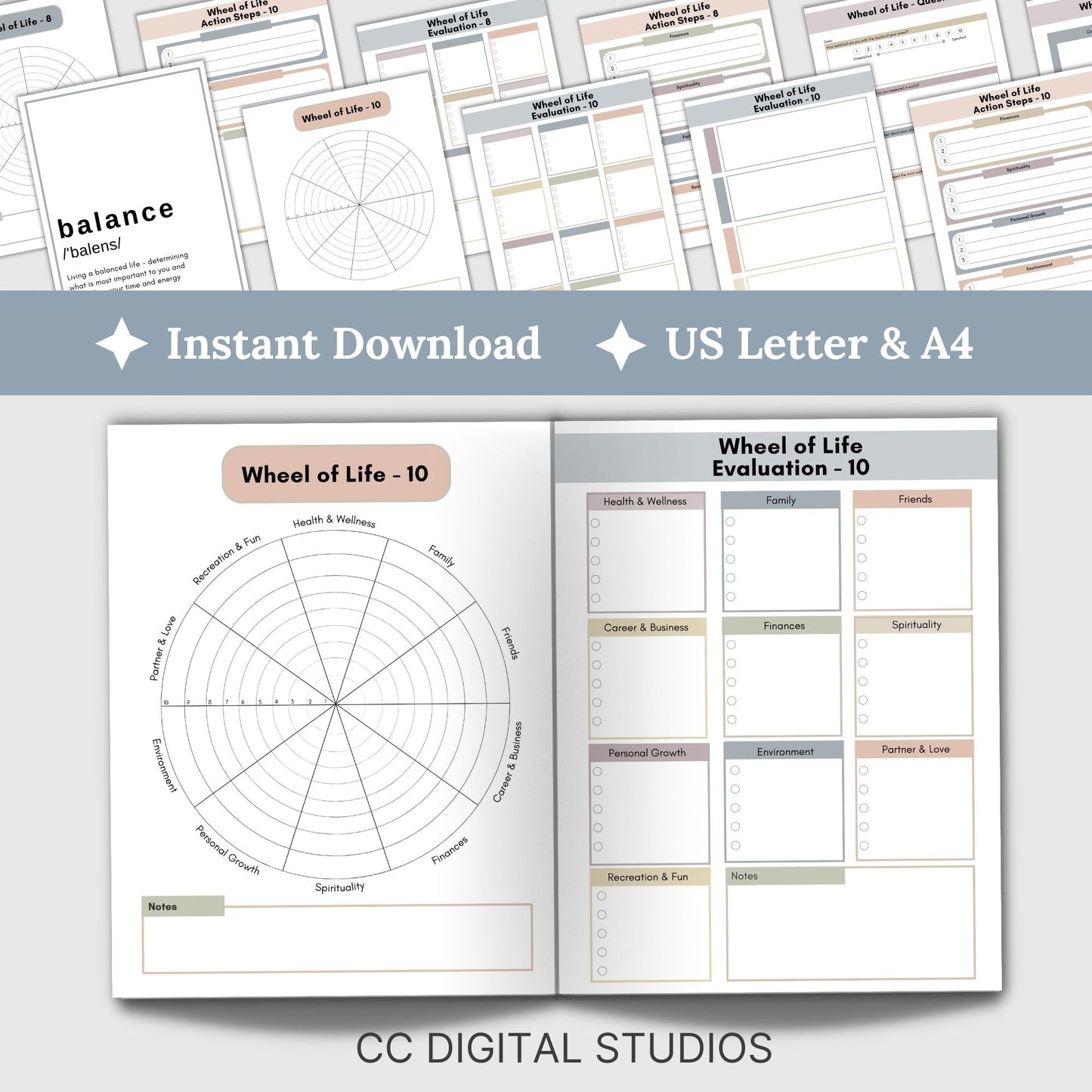 Wheel of Life Balance therapy worksheets, perfect for life coaches, therapists, school counselors and anyone seeking self-improvement. This set includes both pre-filled and blank wheels, alongside supportive worksheets for in-depth self-reflection.