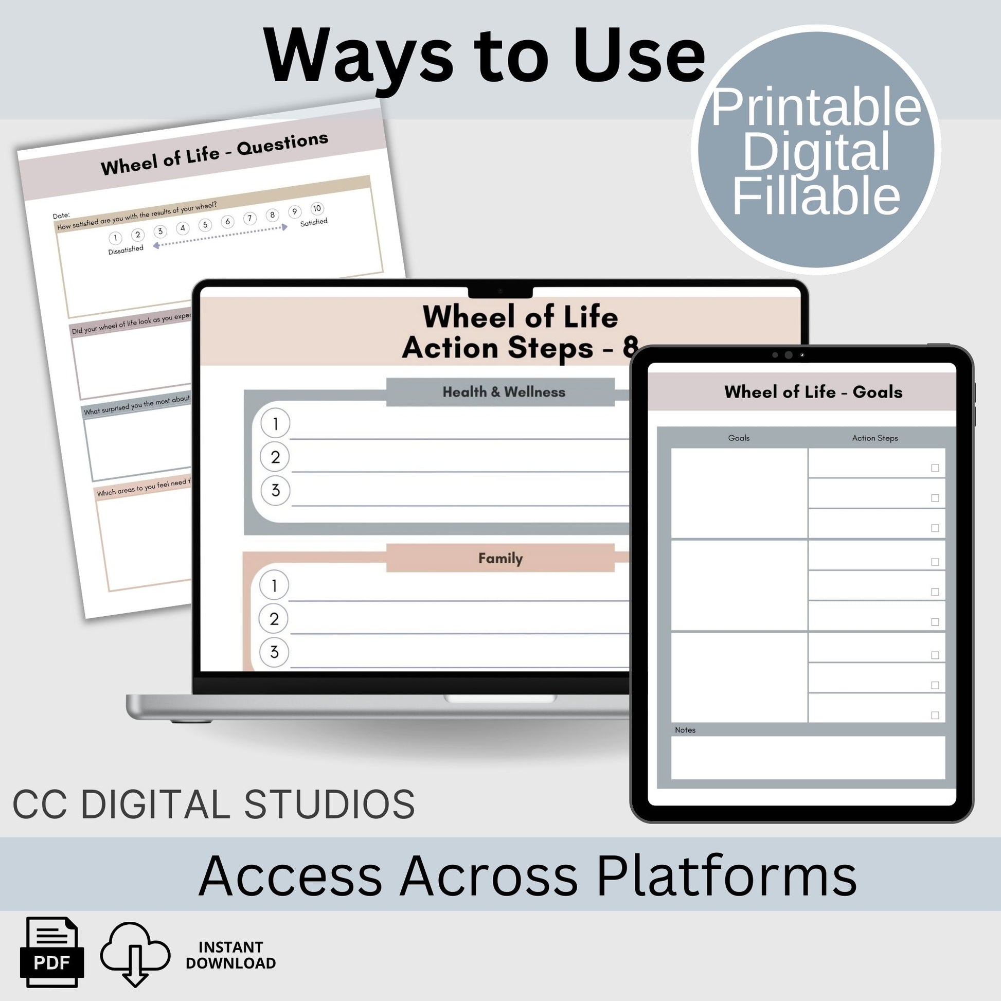 Wheel of Life Balance therapy worksheets, perfect for life coaches, therapists, school counselors and anyone seeking self-improvement. This set includes both pre-filled and blank wheels, alongside supportive worksheets for in-depth self-reflection.