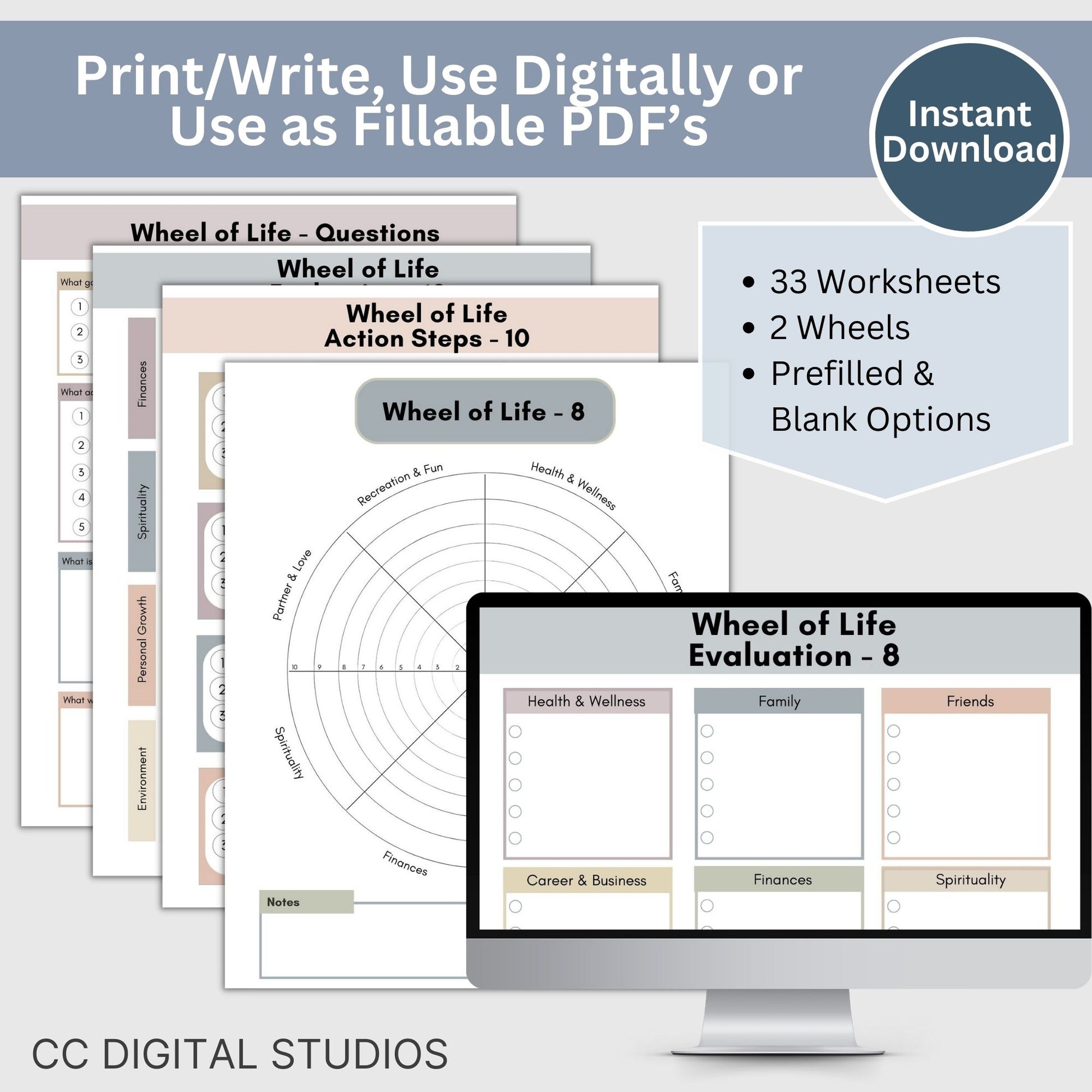 Wheel of Life Balance therapy worksheets, perfect for life coaches, therapists, school counselors and anyone seeking self-improvement. This set includes both pre-filled and blank wheels, alongside supportive worksheets for in-depth self-reflection.