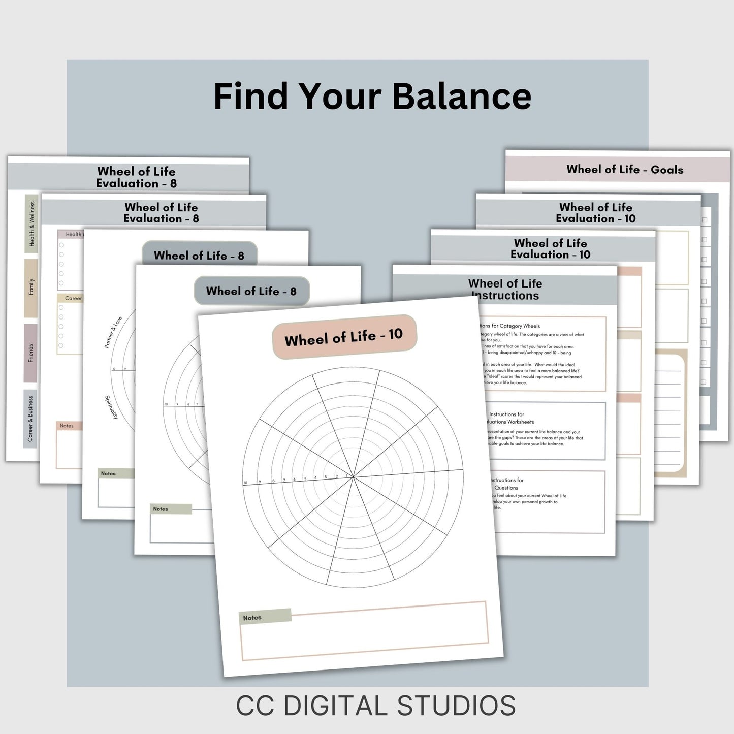 Wheel of Life Balance therapy worksheets, perfect for life coaches, therapists, school counselors and anyone seeking self-improvement. This set includes both pre-filled and blank wheels, alongside supportive worksheets for in-depth self-reflection.