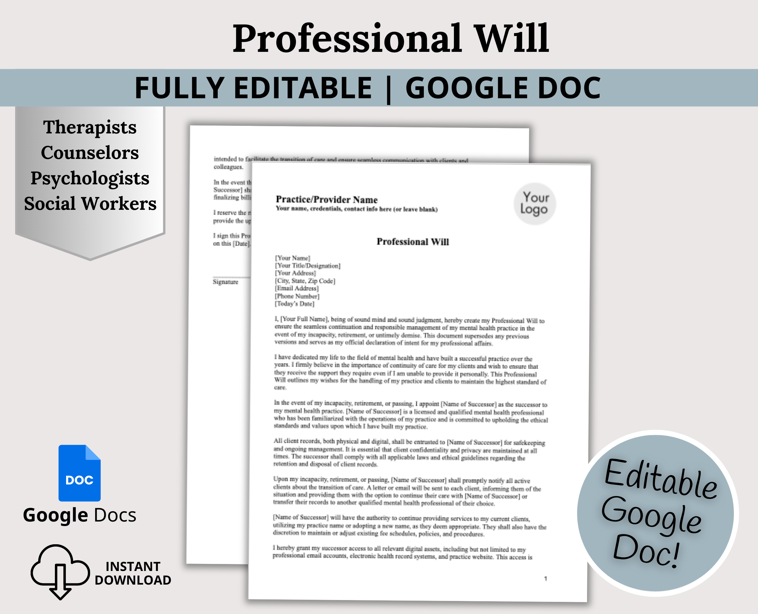 Professional Will Template for Mental Health Professionals: Ensure Pra ...