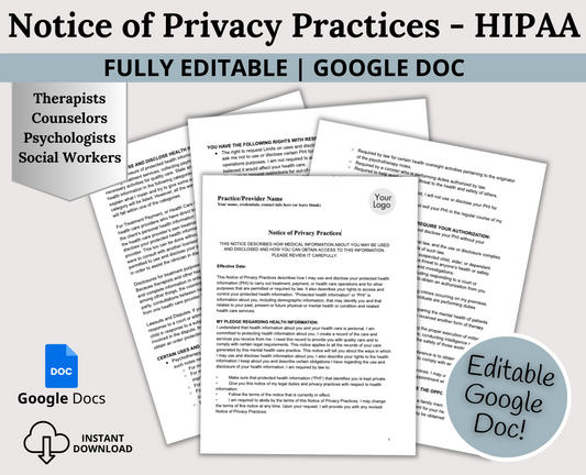 Notice of Privacy Practices - HIPAA Template for Mental Health Professionals