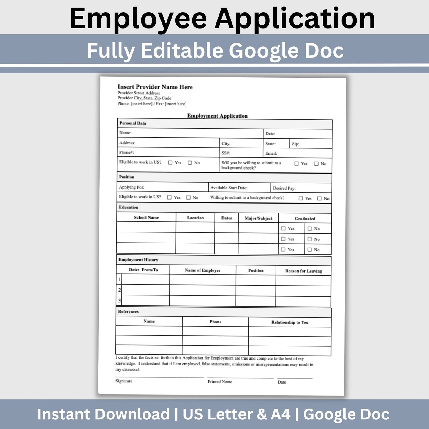 Employee Application Template - Google Doc