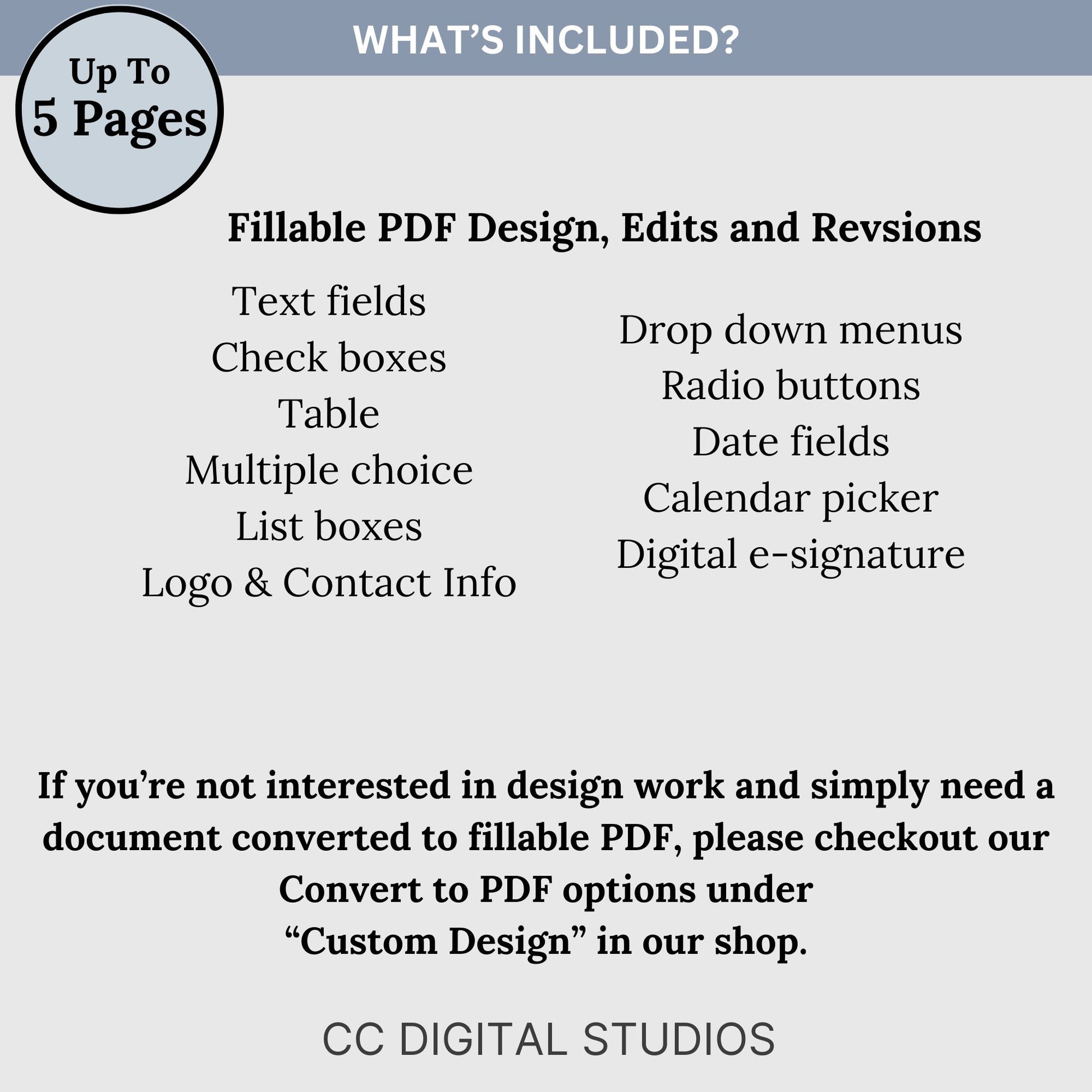 Standard PDF Design Package. Elevate your documents with professional design, edits, and revisions for up to 5 pages. Streamline your paperwork with fillable PDFs