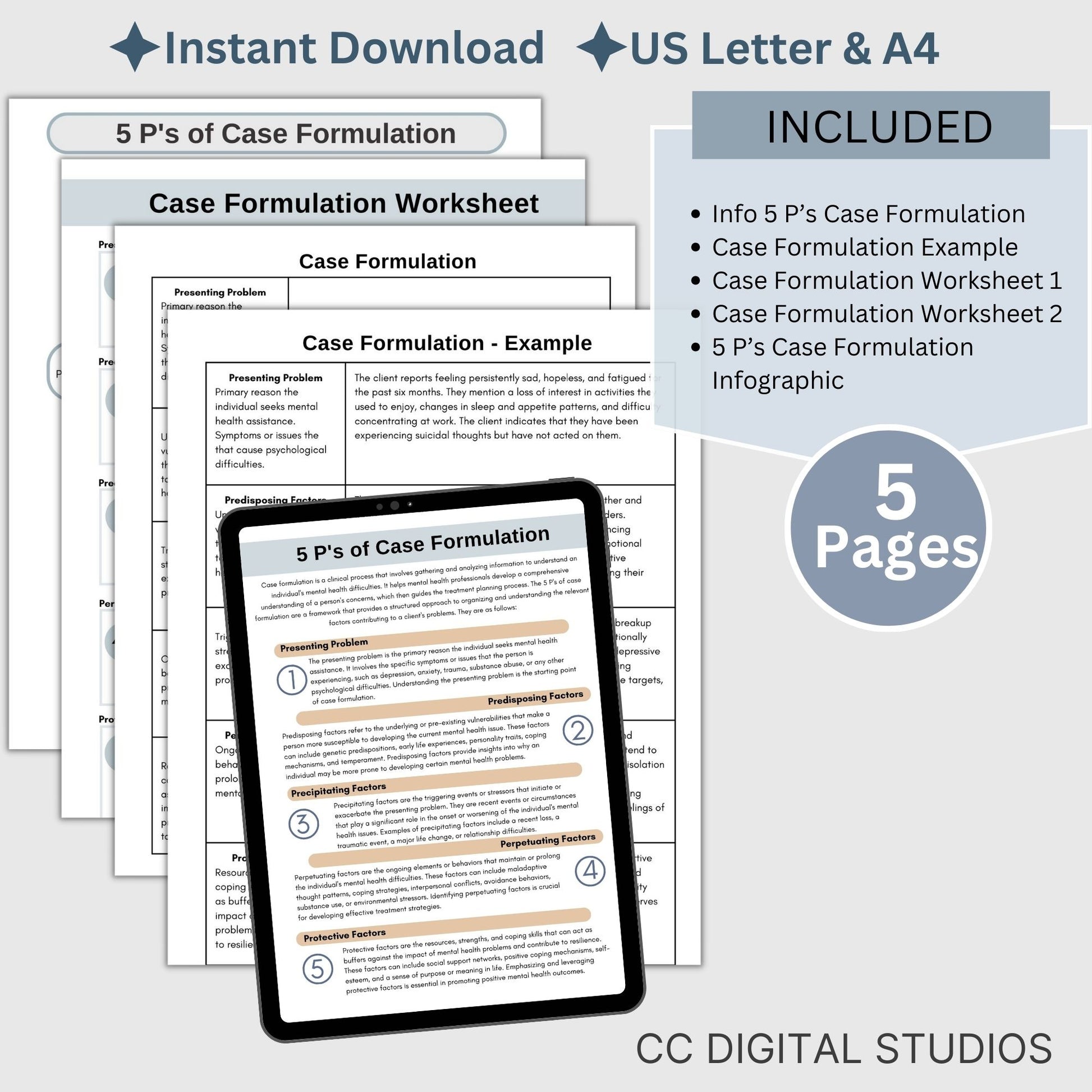 Our Case Formulation Information and Worksheets are here to empower you with the 5 Ps framework – a powerful tool for gaining deeper insights into your clients mental health concerns.