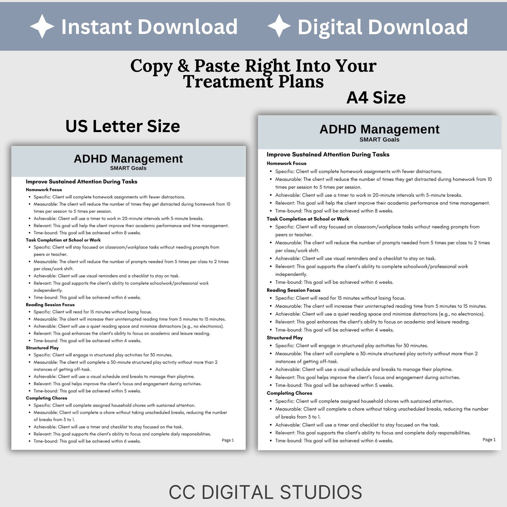 ADHD Smart Goals for Treatment Planning, Therapy Cheat Sheet, Therapy Notes, ADHD Planner for Therapist Office, Goal Setting for ADHD, SMART Goals for ADHD treatment planning - Therapy cheat sheets for mental health professionals.