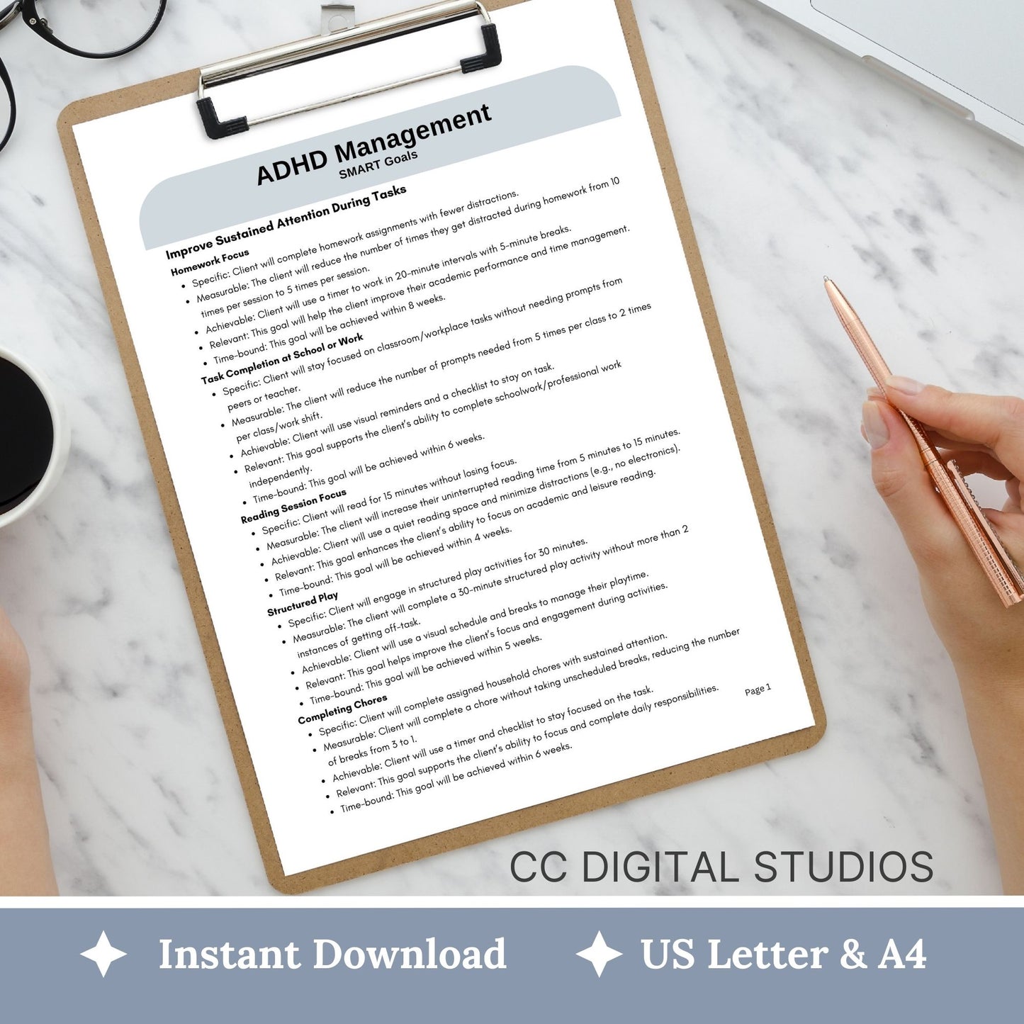 ADHD Smart Goals for Treatment Planning, Therapy Cheat Sheet, Therapy Notes, ADHD Planner for Therapist Office, Goal Setting for ADHD, SMART Goals for ADHD treatment planning - Therapy cheat sheets for mental health professionals.