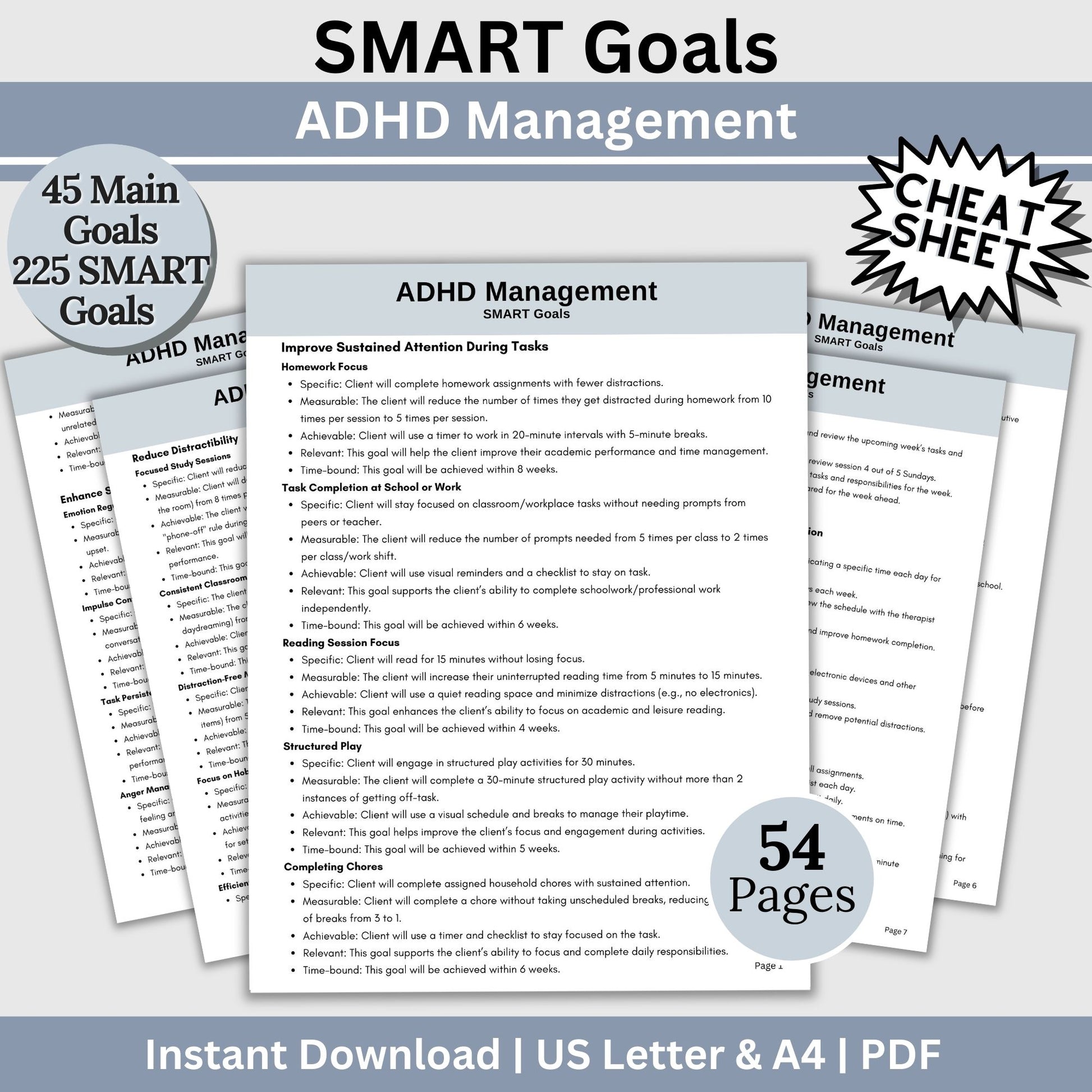 ADHD Smart Goals for Treatment Planning, Therapy Cheat Sheet, Therapy Notes, ADHD Planner for Therapist Office, Goal Setting for ADHD, SMART Goals for ADHD treatment planning - Therapy cheat sheets for mental health professionals.