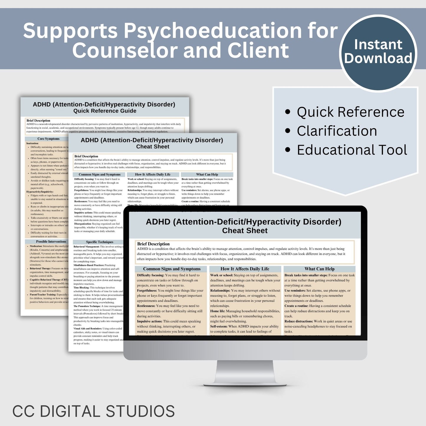 This 2-in-1 ADHD Cheat Sheet is designed for both therapists and clients! It includes a therapist's quick reference guide and a client-friendly psychoeducational sheet, making it a valuable ADHD therapy tool.