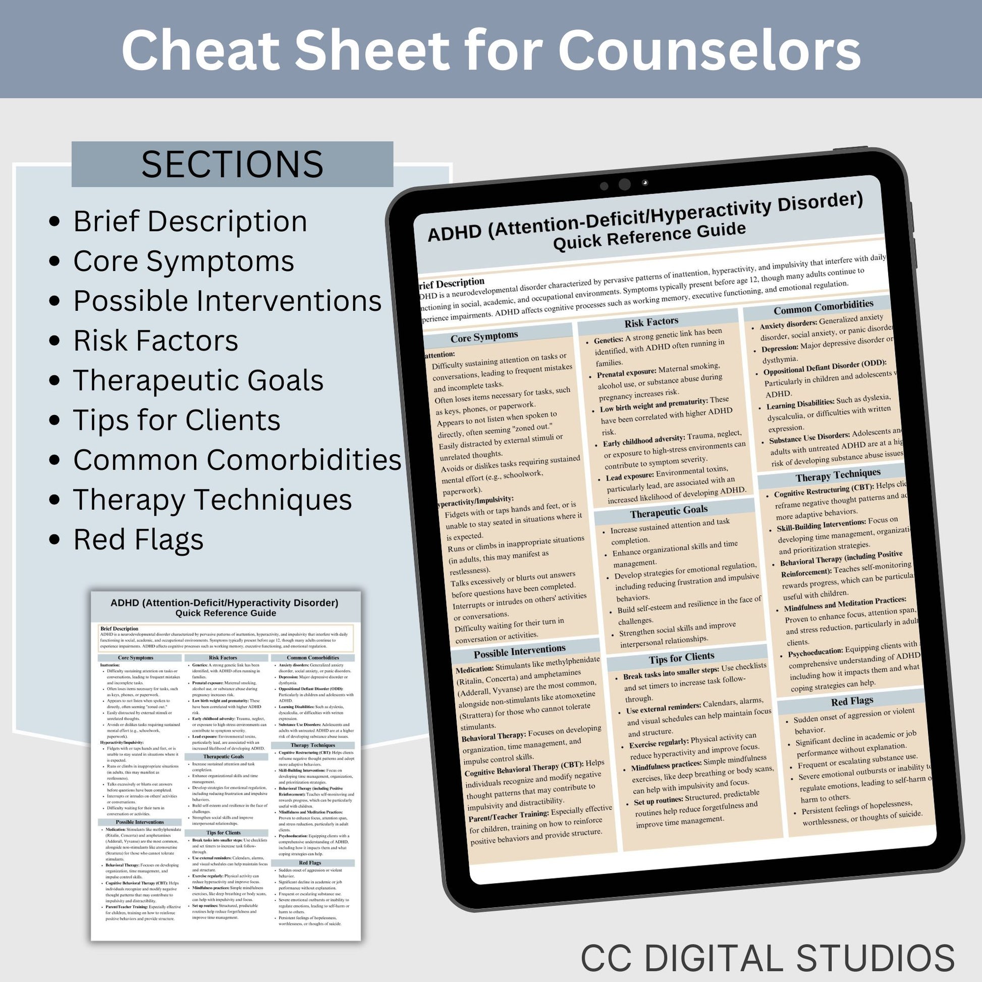 This 2-in-1 ADHD Cheat Sheet is designed for both therapists and clients! It includes a therapist's quick reference guide and a client-friendly psychoeducational sheet, making it a valuable ADHD therapy tool.