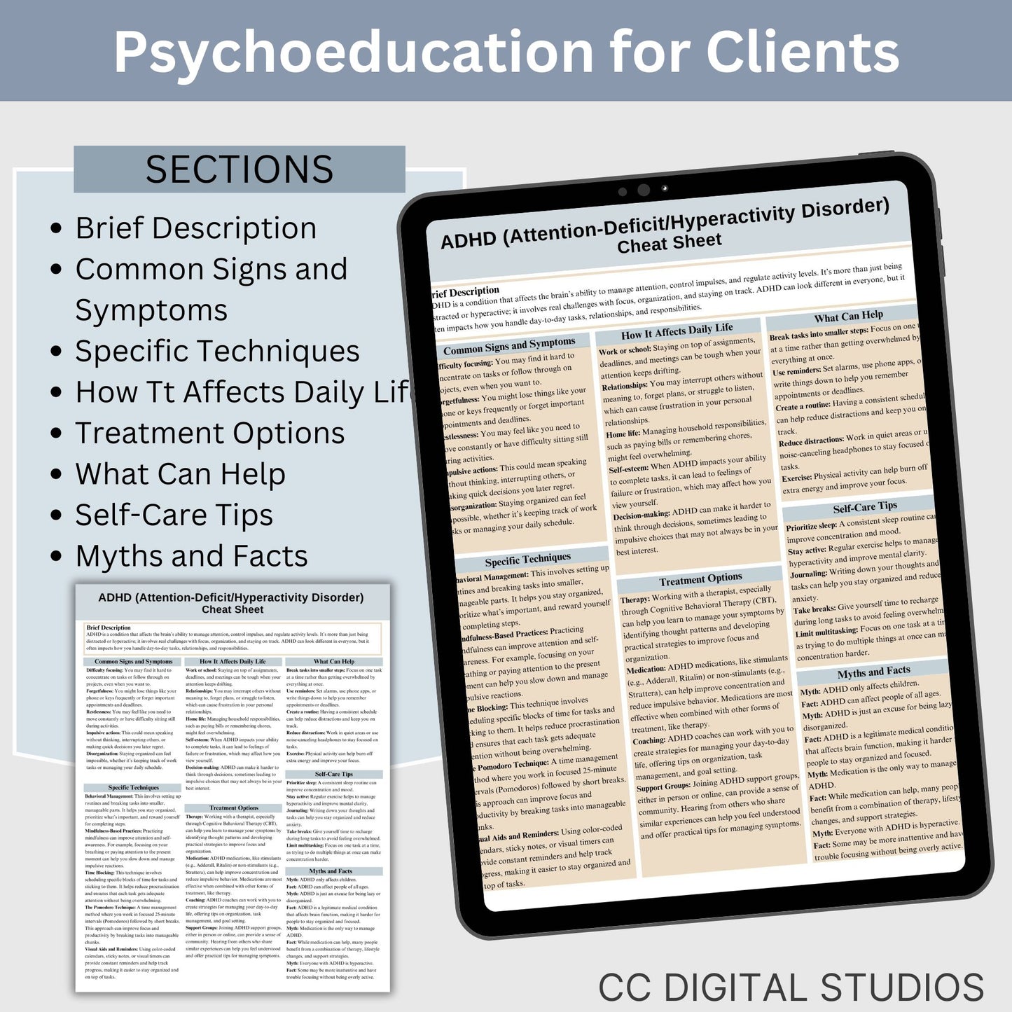 This 2-in-1 ADHD Cheat Sheet is designed for both therapists and clients! It includes a therapist's quick reference guide and a client-friendly psychoeducational sheet, making it a valuable ADHD therapy tool.