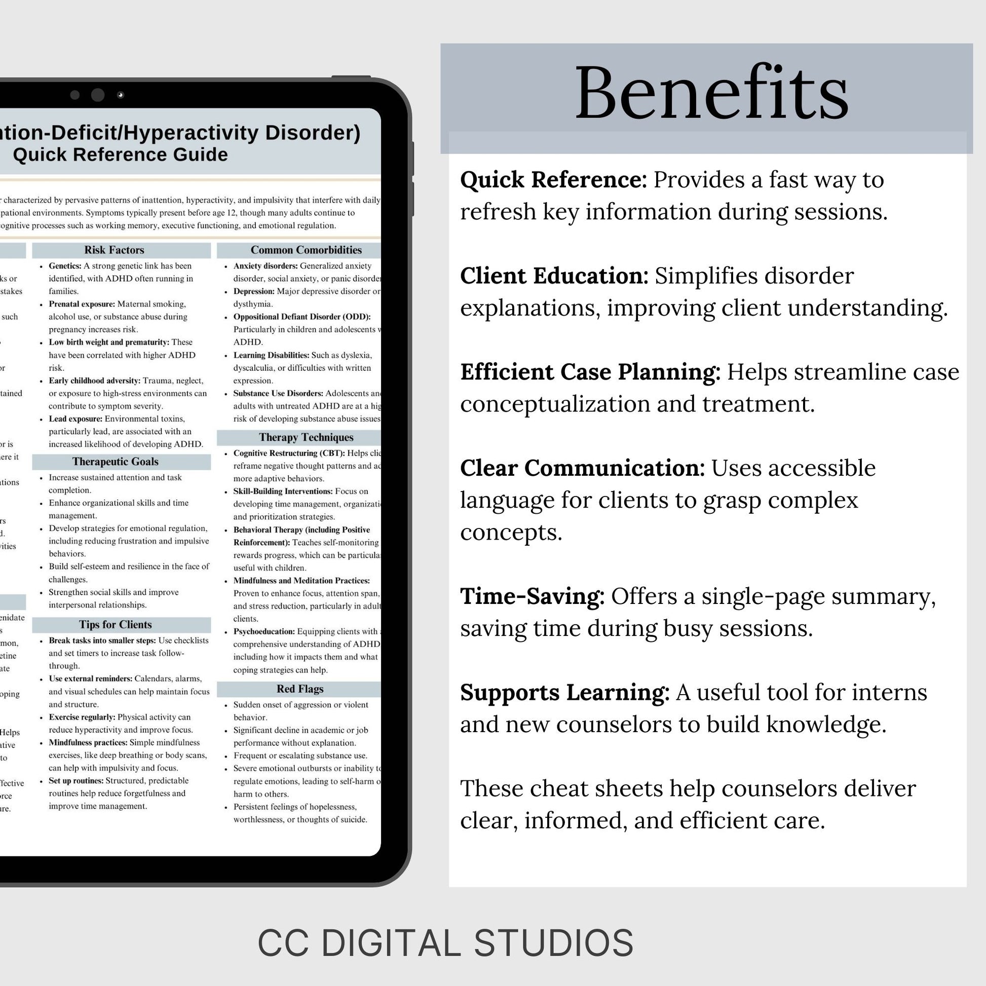 This 2-in-1 ADHD Cheat Sheet is designed for both therapists and clients! It includes a therapist's quick reference guide and a client-friendly psychoeducational sheet, making it a valuable ADHD therapy tool.