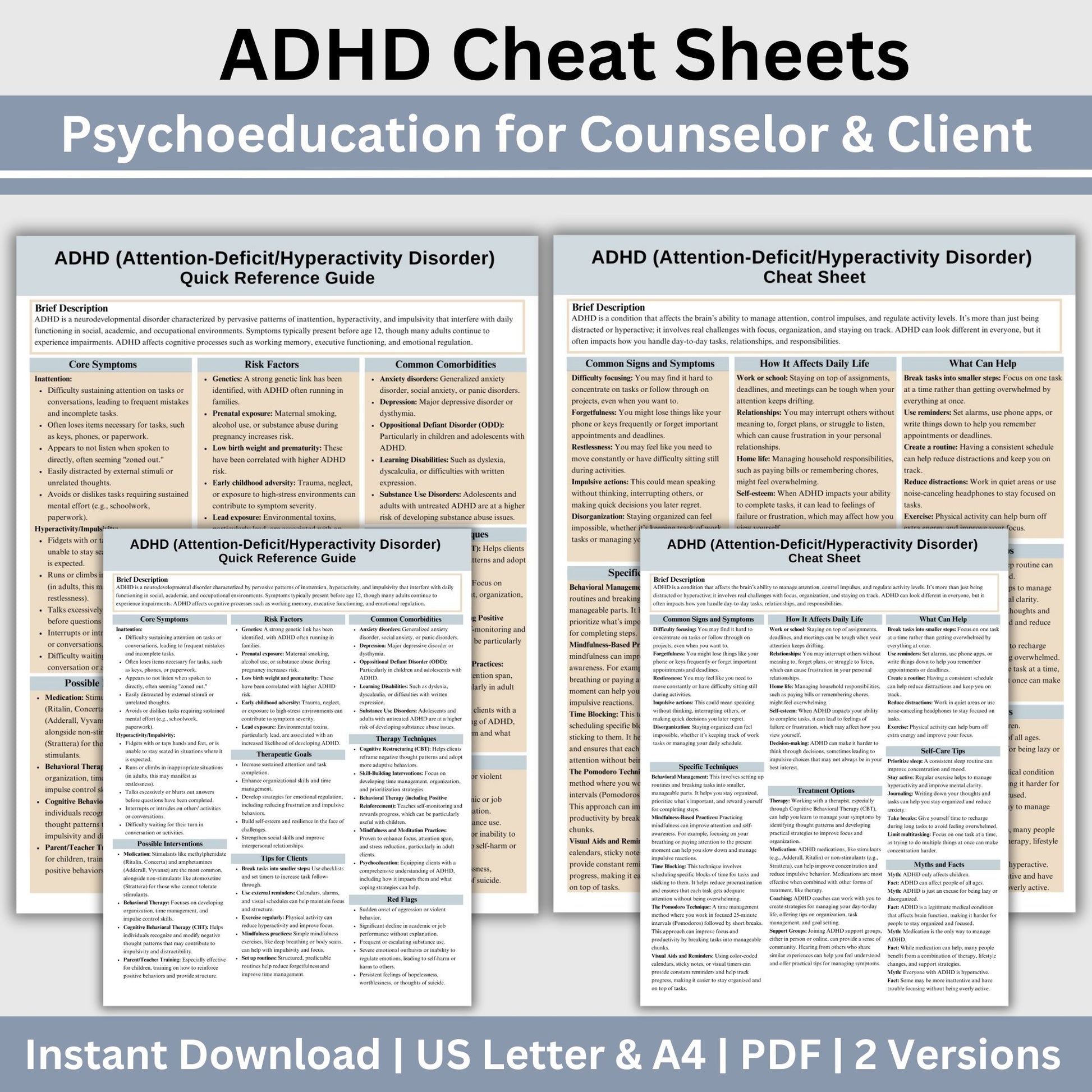 This 2-in-1 ADHD Cheat Sheet is designed for both therapists and clients! It includes a therapist's quick reference guide and a client-friendly psychoeducational sheet, making it a valuable ADHD therapy tool.