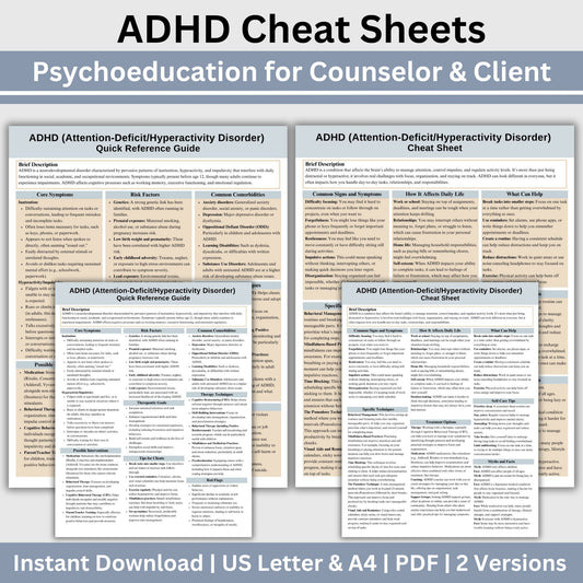 This 2-in-1 ADHD Cheat Sheet is designed for both therapists and clients! It includes a therapist's quick reference guide and a client-friendly psychoeducational sheet, making it a valuable ADHD therapy tool.