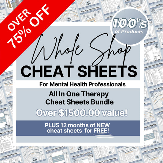 Whole Shop Bundle Therapy Cheat Sheets, Therapy Objectives and Goals, Therapy Questions, SMART Goals, Therapy Interventions, Guides
