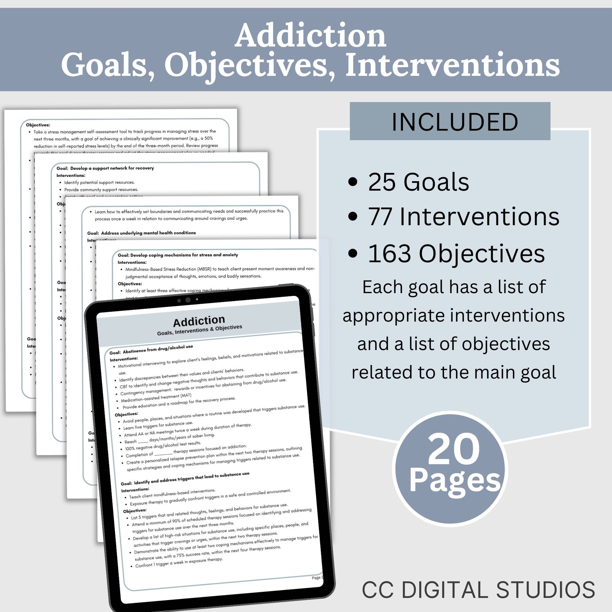 Addiction treatment plan therapy tool used by substance abuse counselors. Therapy cheat sheets for setting therapy goals, objectives and interventions. Treatment plans for addiction 25 goals for therapy, 77 interventions and 163 objectives.