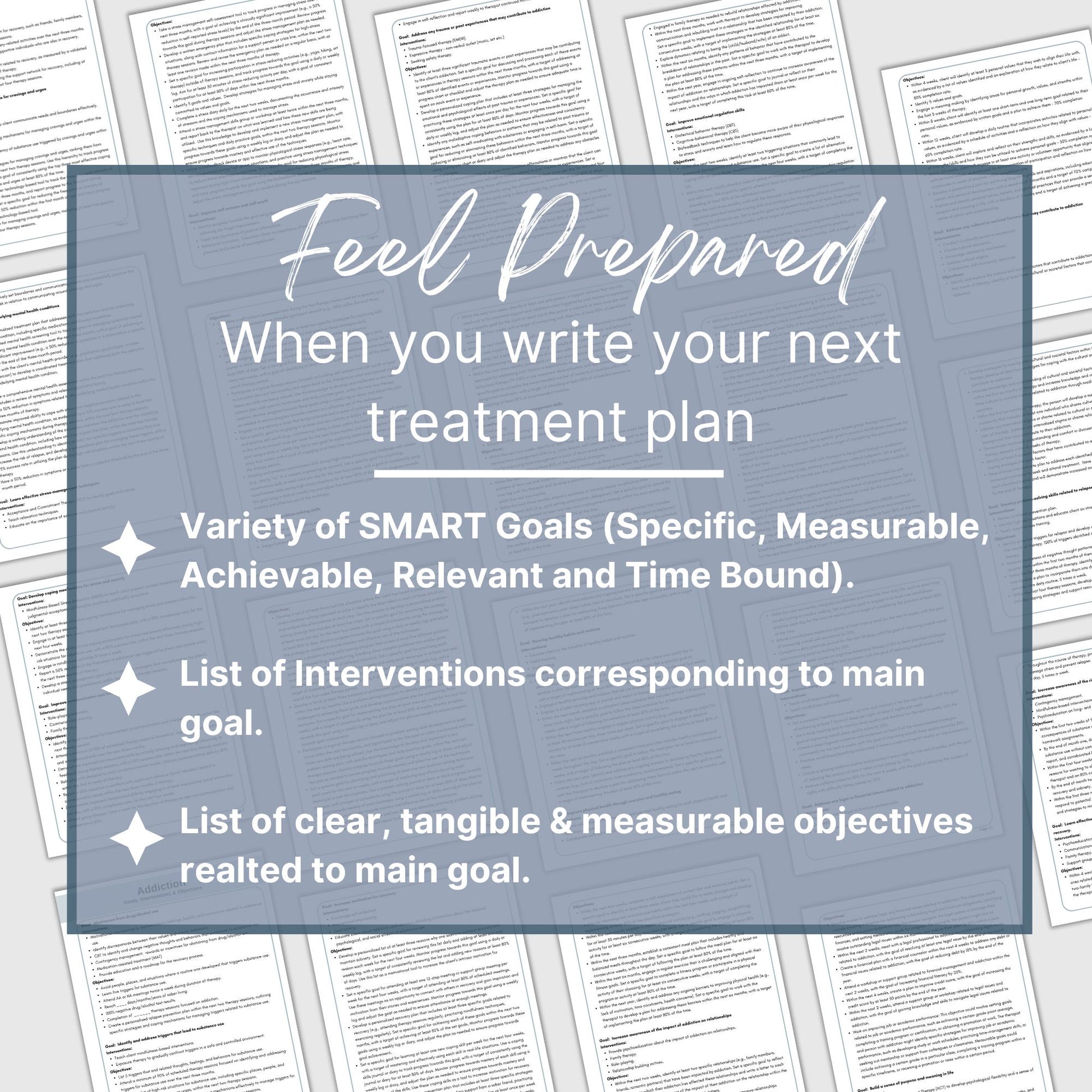 Addiction treatment plan therapy tool used by substance abuse counselors. Therapy cheat sheets for setting therapy goals, objectives and interventions. Treatment plans for addiction 25 goals for therapy, 77 interventions and 163 objectives.