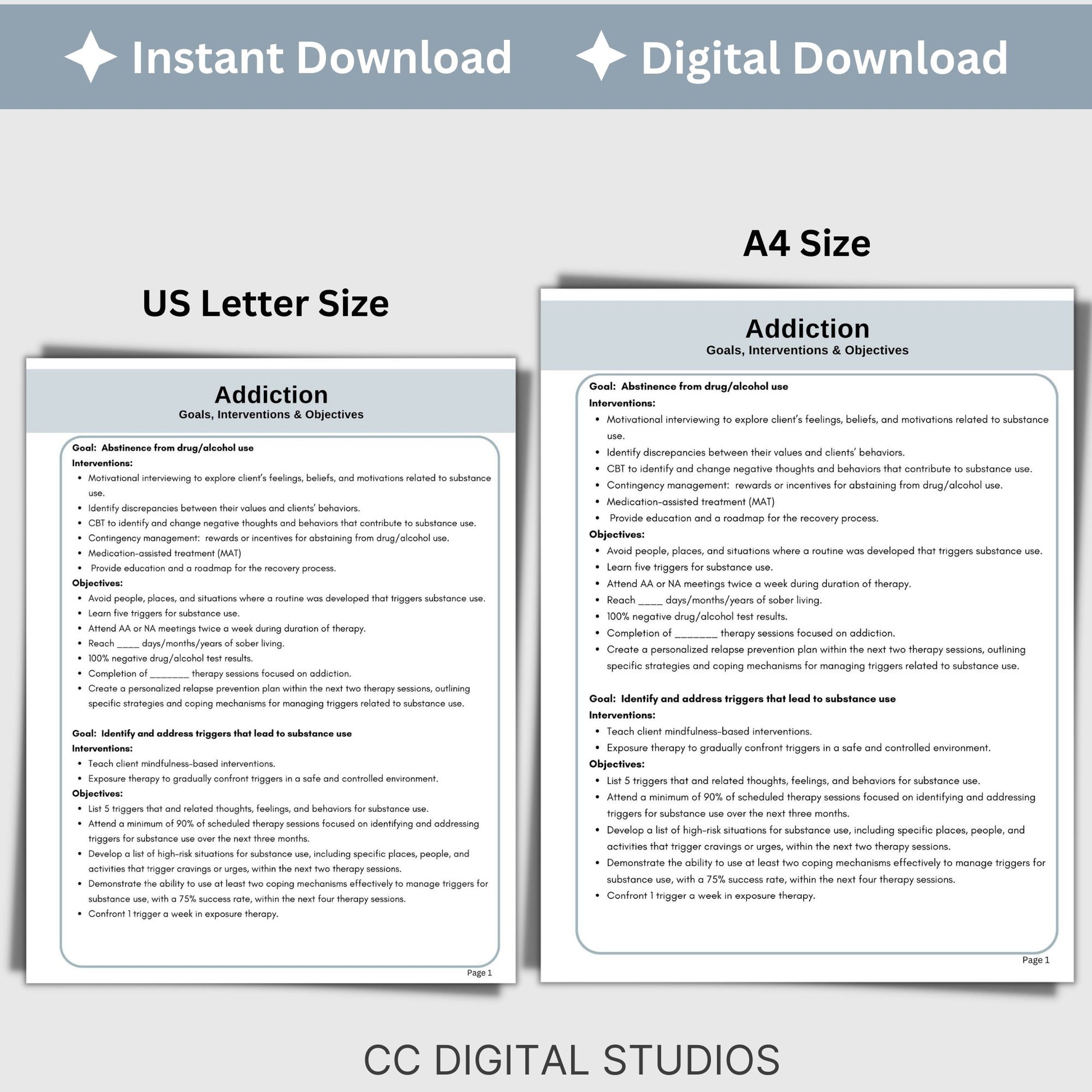 Addiction treatment plan therapy tool used by substance abuse counselors. Therapy cheat sheets for setting therapy goals, objectives and interventions. Treatment plans for addiction 25 goals for therapy, 77 interventions and 163 objectives.