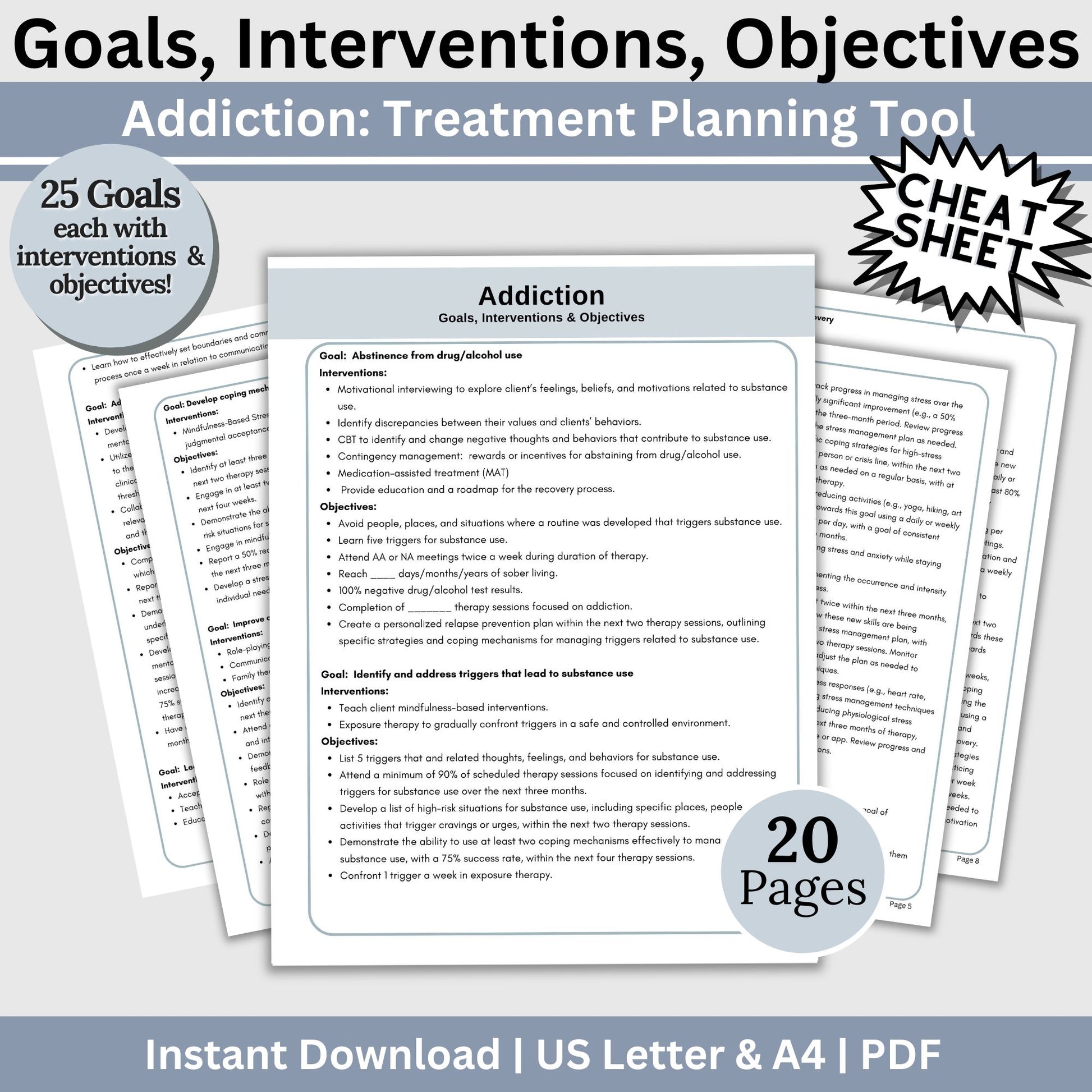 Addiction treatment plan therapy tool used by substance abuse counselors. Therapy cheat sheets for setting therapy goals, objectives and interventions. Treatment plans for addiction 25 goals for therapy, 77 interventions and 163 objectives.