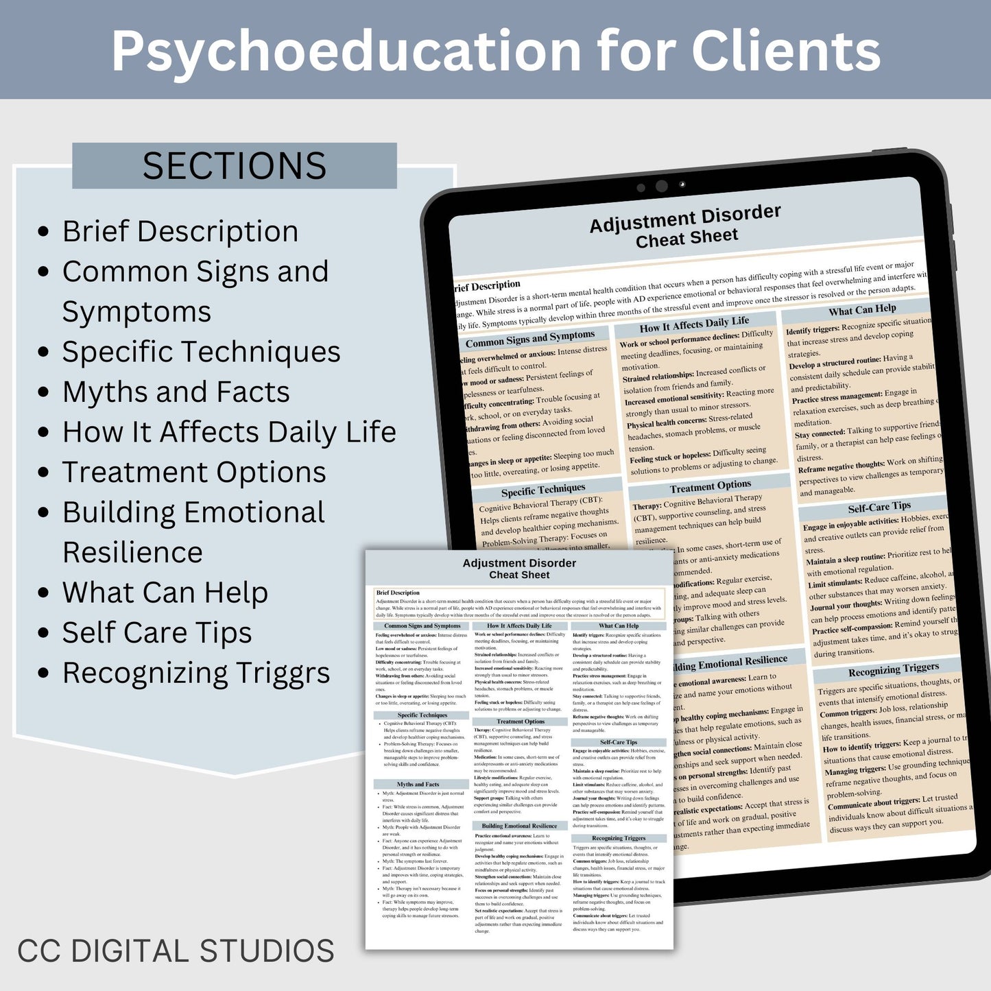 Adjustment Disorder Therapy Cheat Sheet:  2 IN 1 Psychoeducation for Client and Cheat Sheet for Counselors