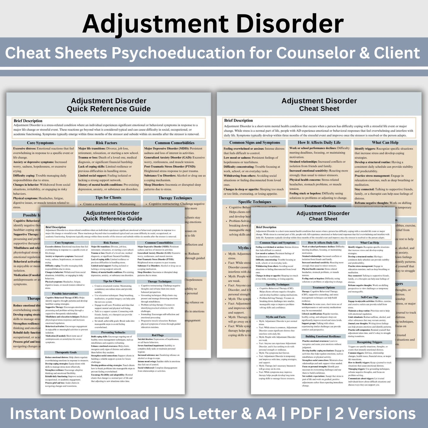 Adjustment Disorder Therapy Cheat Sheet:  2 IN 1 Psychoeducation for Client and Cheat Sheet for Counselors