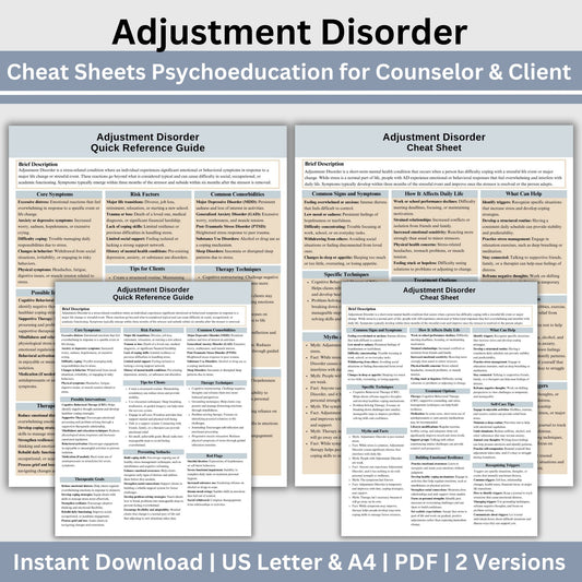 Adjustment Disorder Therapy Cheat Sheet:  2 IN 1 Psychoeducation for Client and Cheat Sheet for Counselors