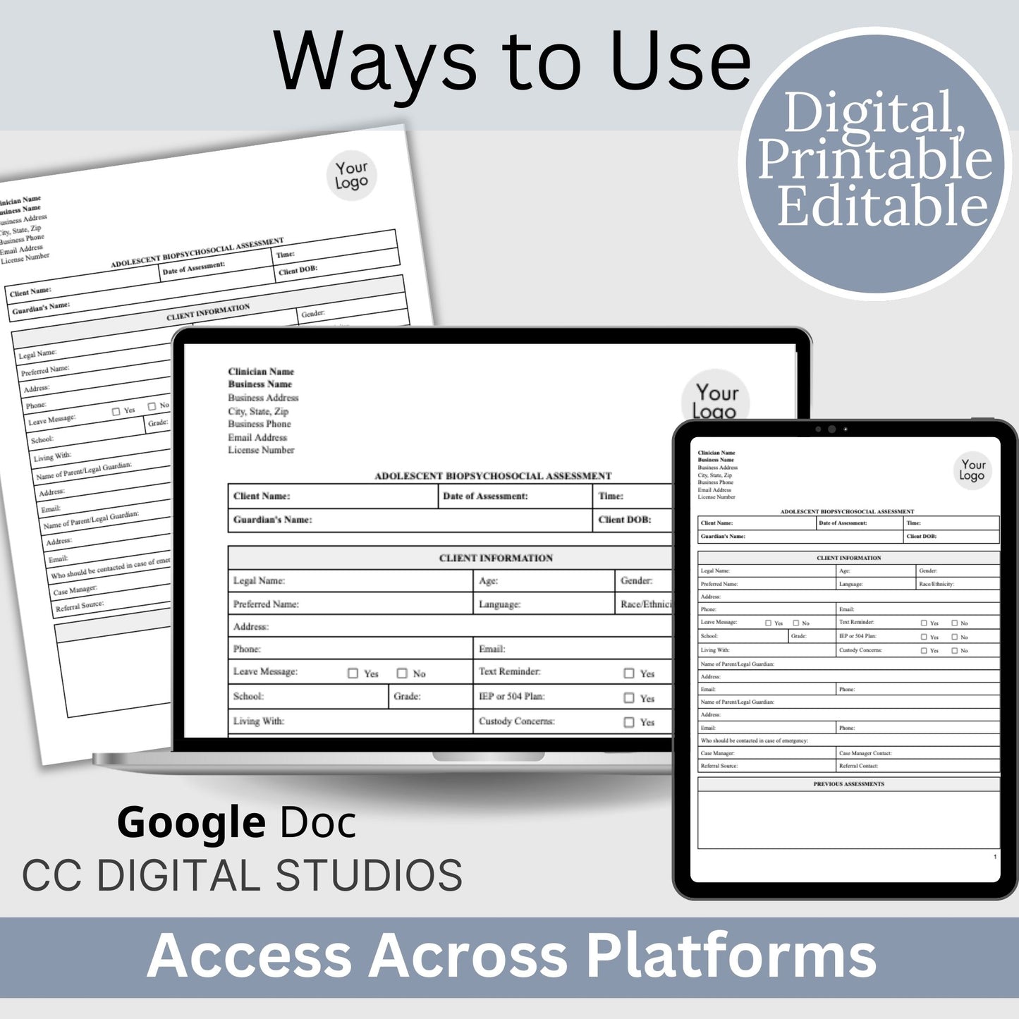 15-page comprehensive biopsychosocial editable Google Doc template! Perfect for therapists, school psychologists, and professionals in psychology fields. Streamlining your therapist office, therapy  notes, psychology, therapy tool, therapy resource