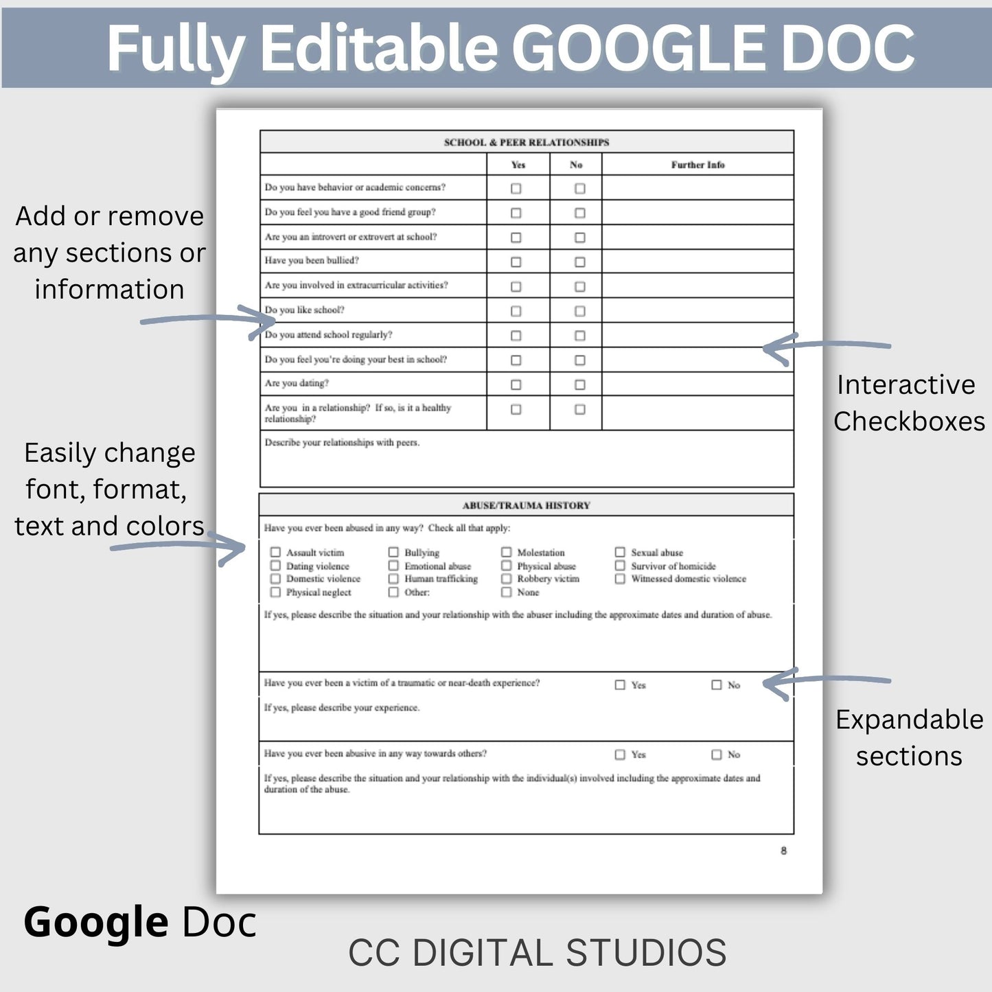 15-page comprehensive biopsychosocial editable Google Doc template! Perfect for therapists, school psychologists, and professionals in psychology fields. Streamlining your therapist office, therapy  notes, psychology, therapy tool, therapy resource