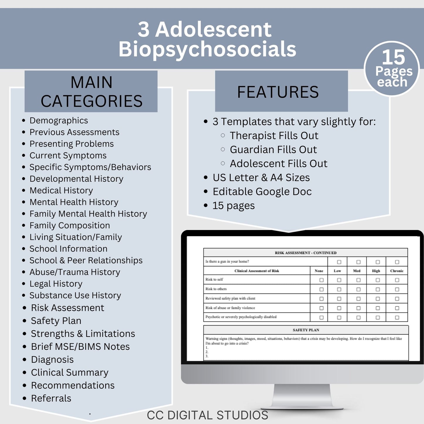 15-page comprehensive biopsychosocial editable Google Doc template! Perfect for therapists, school psychologists, and professionals in psychology fields. Streamlining your therapist office, therapy  notes, psychology, therapy tool, therapy resource