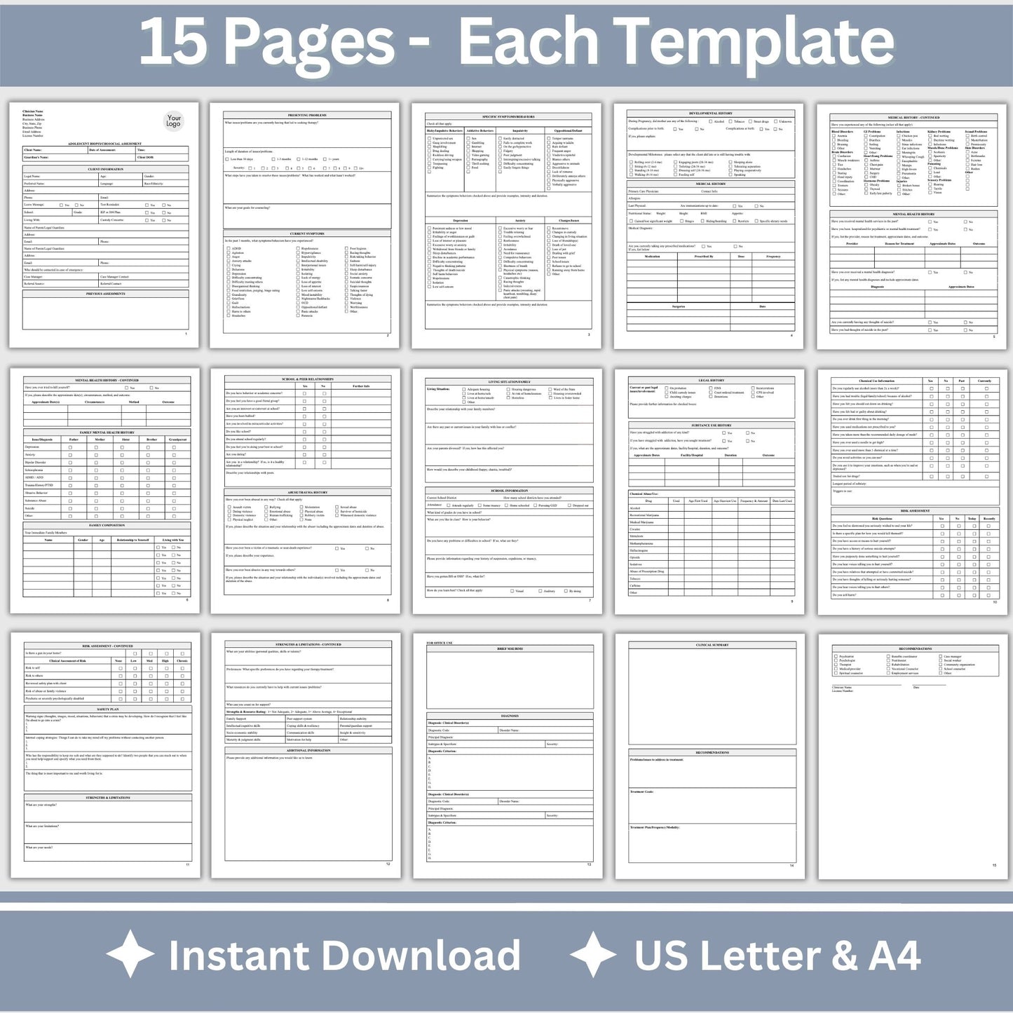 15-page comprehensive biopsychosocial editable Google Doc template! Perfect for therapists, school psychologists, and professionals in psychology fields. Streamlining your therapist office, therapy  notes, psychology, therapy tool, therapy resource