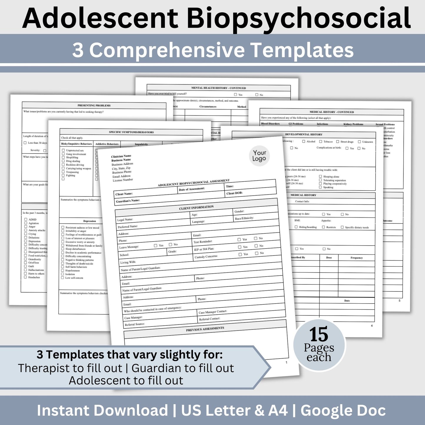 15-page comprehensive biopsychosocial editable Google Doc template! Perfect for therapists, school psychologists, and professionals in psychology fields. Streamlining your therapist office, therapy  notes, psychology, therapy tool, therapy resource