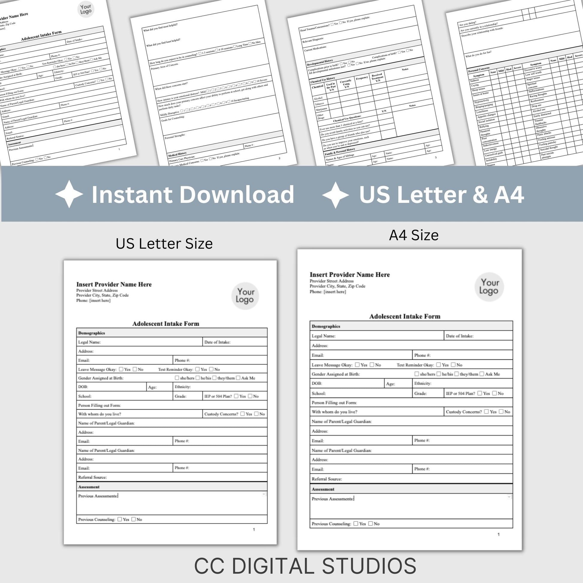 Client Intake Form for Adolescents - a thorough template created to simplify the intake process. This therapy resource is tailored for therapists offices, school psychologists, school counseling and social workers.