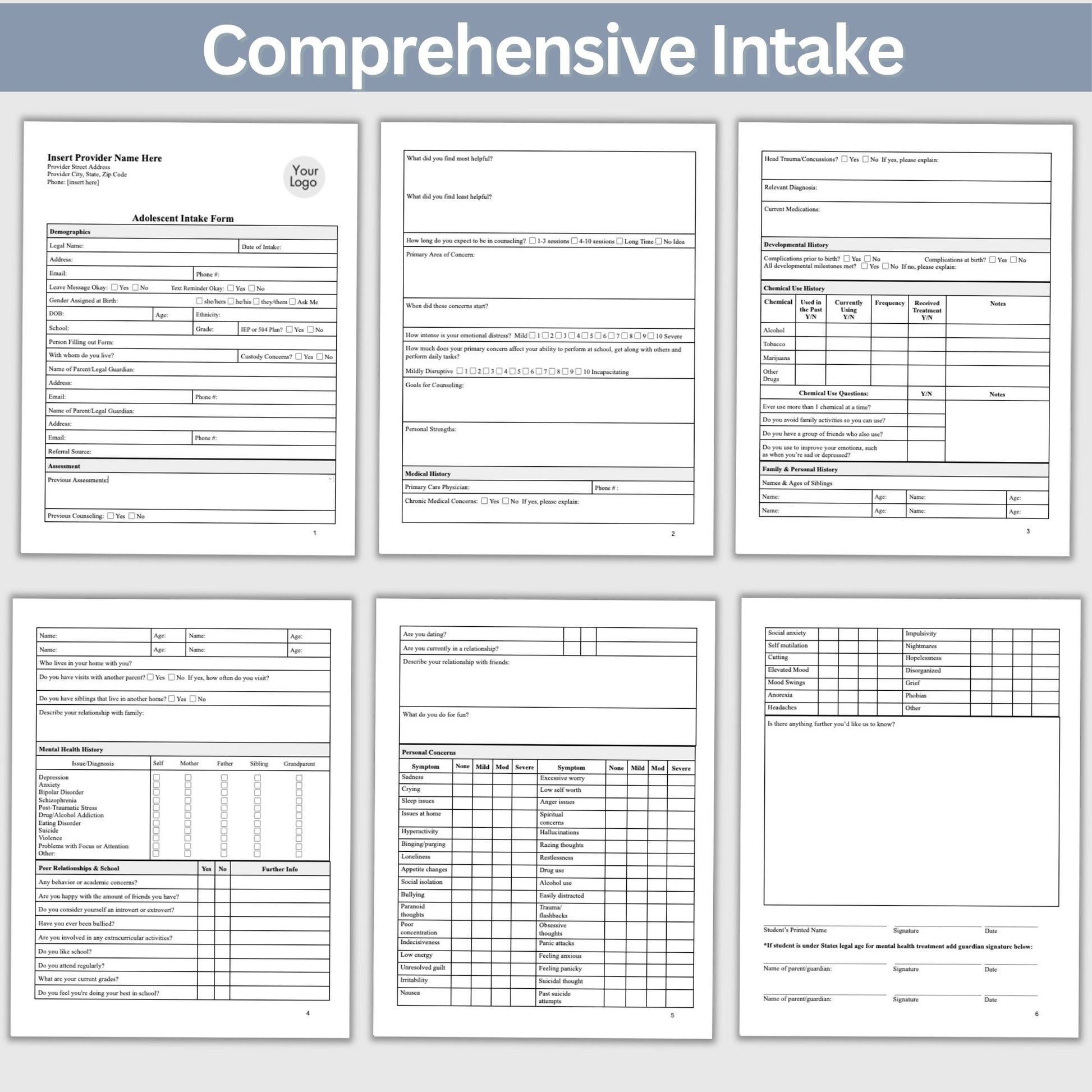 Client Intake Form for Adolescents - a thorough template created to simplify the intake process. This therapy resource is tailored for therapists offices, school psychologists, school counseling and social workers.