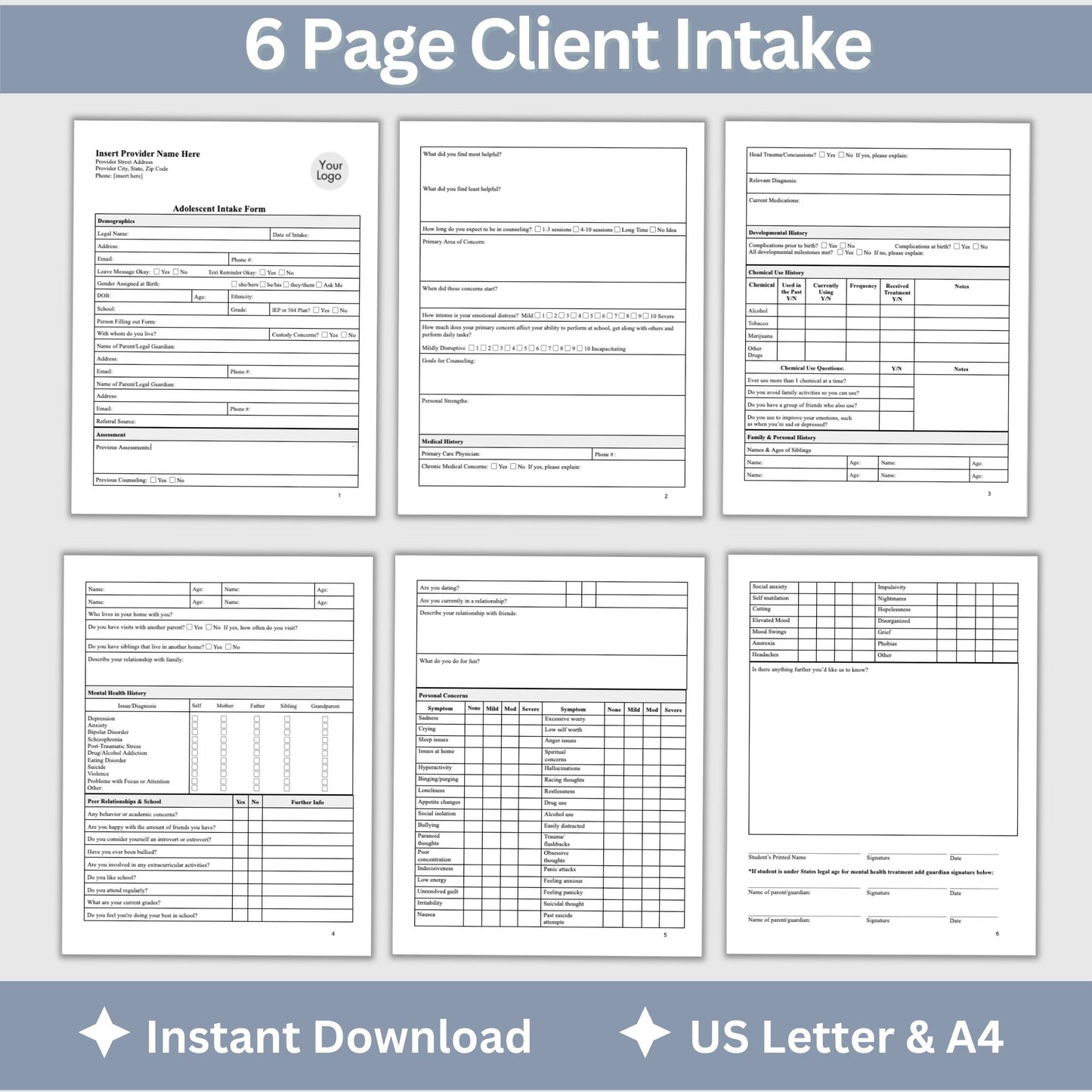 Client Intake Form for Adolescents - a thorough template created to simplify the intake process. This therapy resource is tailored for therapists offices, school psychologists, school counseling and social workers.