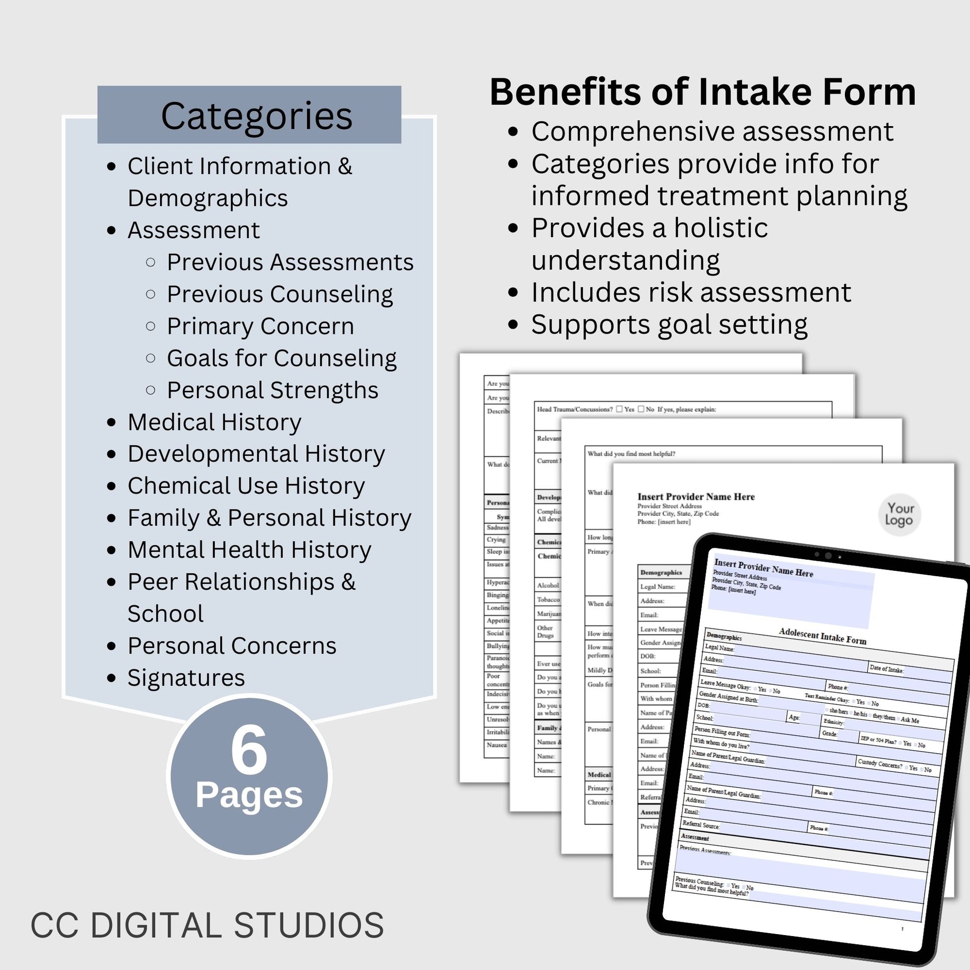 Client Intake Form for Adolescents - a thorough template created to simplify the intake process. This therapy resource is tailored for therapists offices, school psychologists, school counseling and social workers.