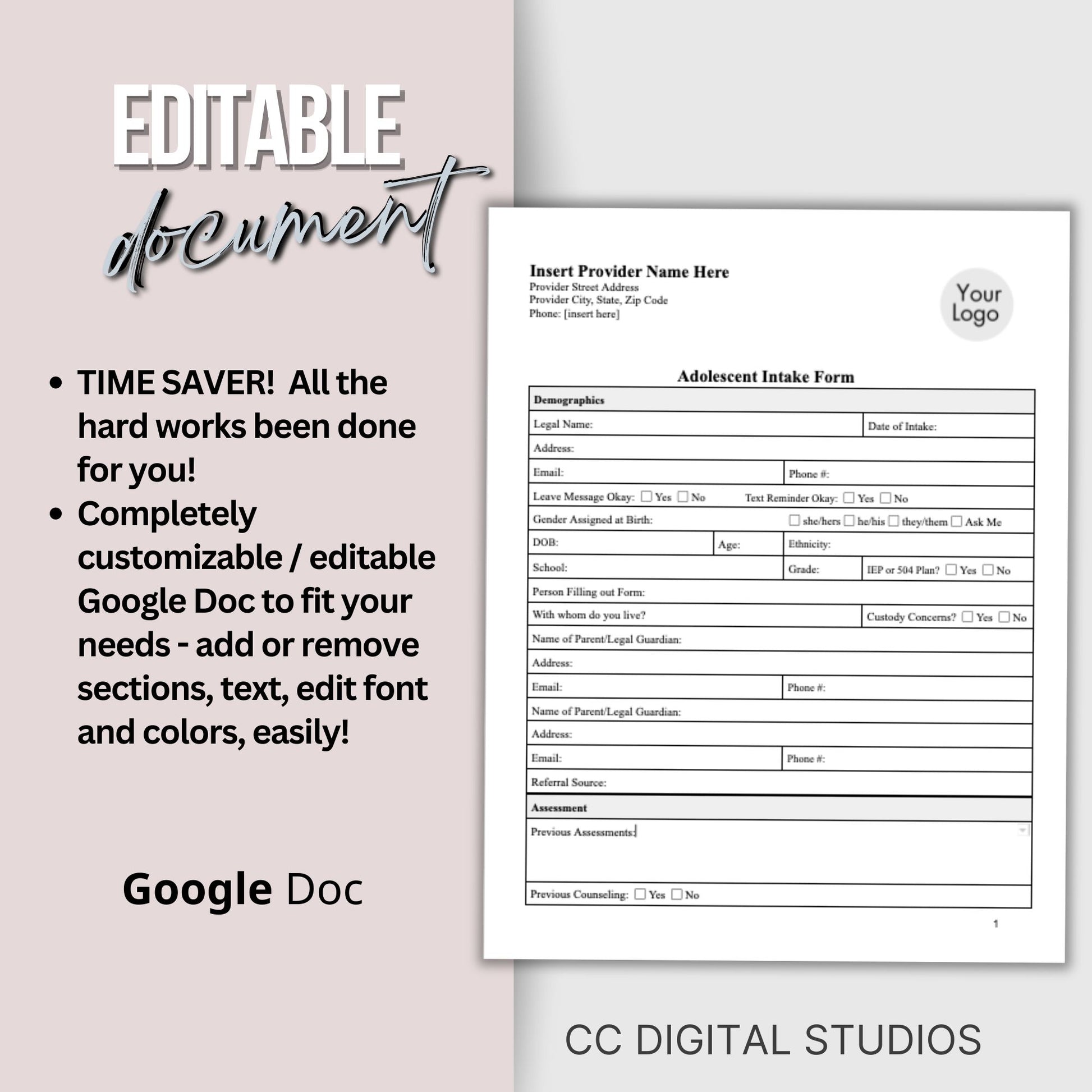 Client Intake Form for Adolescents - a thorough template created to simplify the intake process. This therapy resource is tailored for therapists offices, school psychologists, school counseling and social workers.