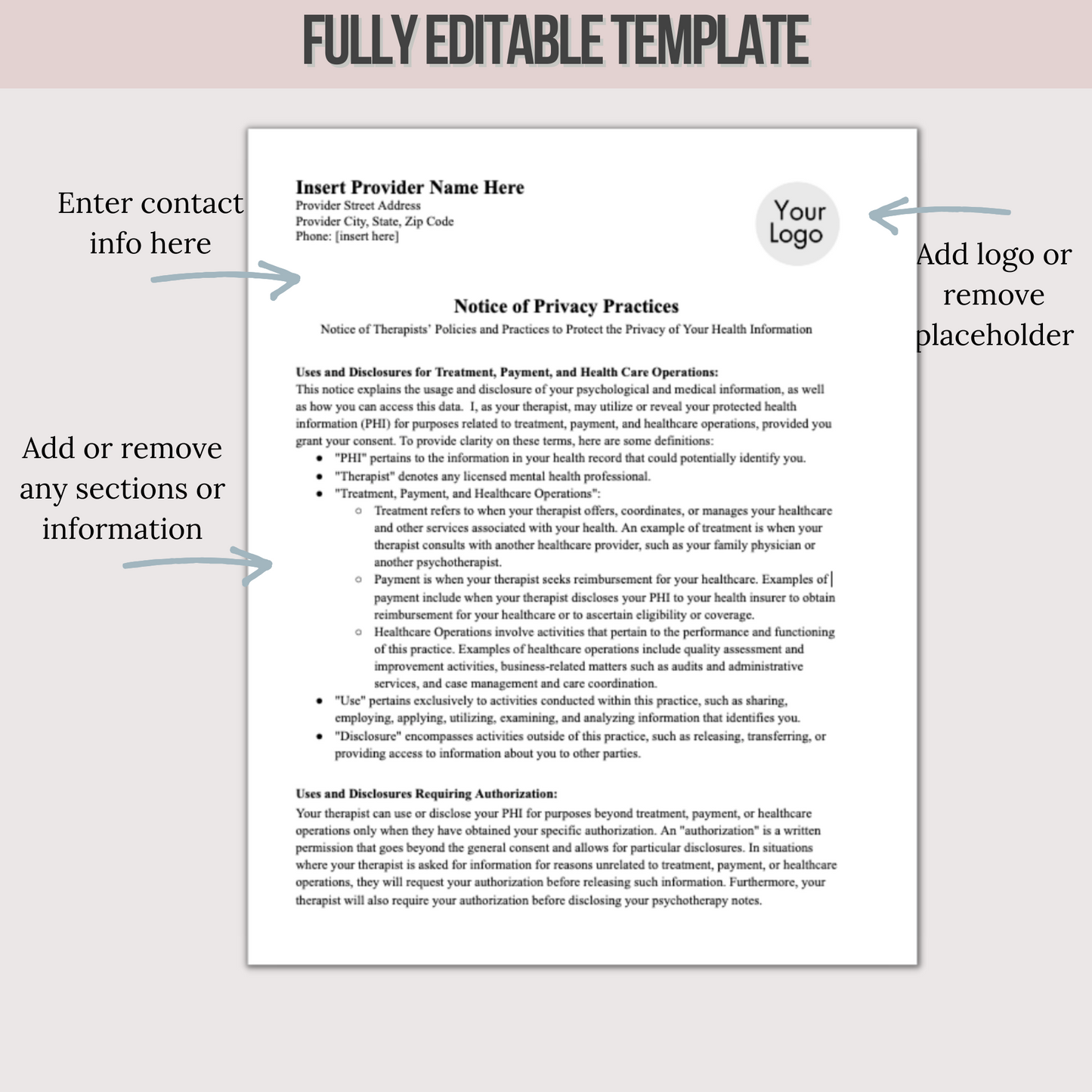 HIPAA Notice of Privacy Practices Template for Adolescent Therapy