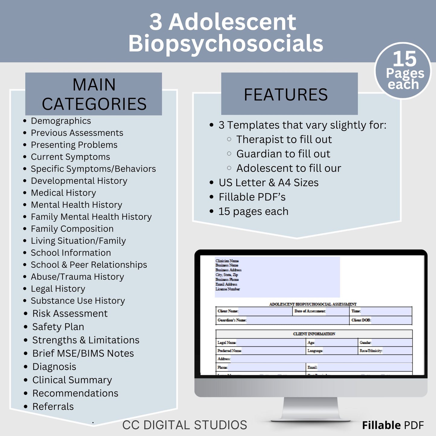 Adolescent Teen Therapy Bundle, specifically designed for mental health professionals working with adolescents. Teen Therapy Bundle, Adolescent Biopsycosocial Assessment, Therapy Intake Form, Therapy Consents & Policies, Free Teen Therapy Questions