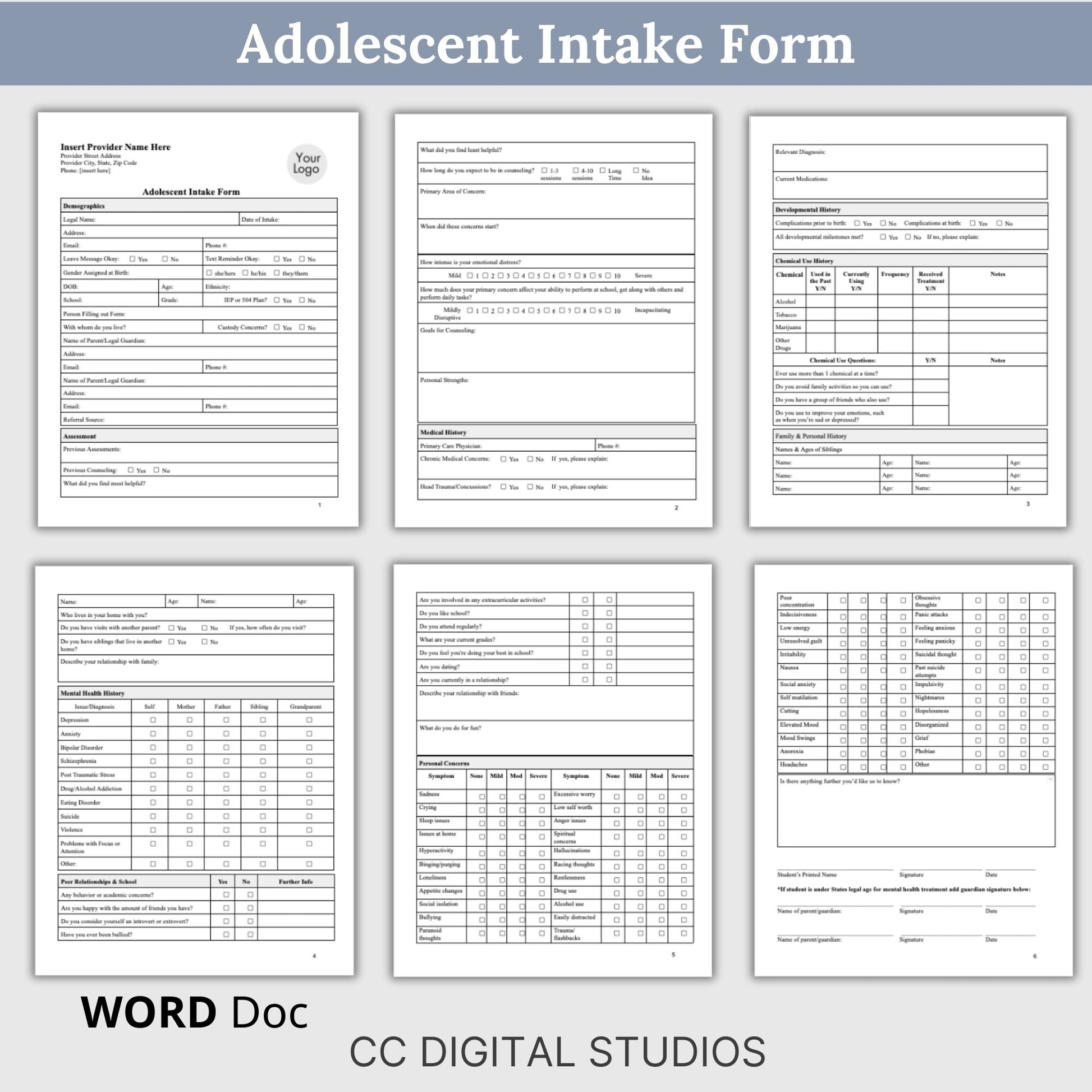 Adolescent Teen Therapy Bundle, specifically designed for mental health professionals working with adolescents. Teen Therapy Bundle, Adolescent Biopsycosocial Assessment, Therapy Intake Form, Therapy Consents & Policies, Free Teen Therapy Questions