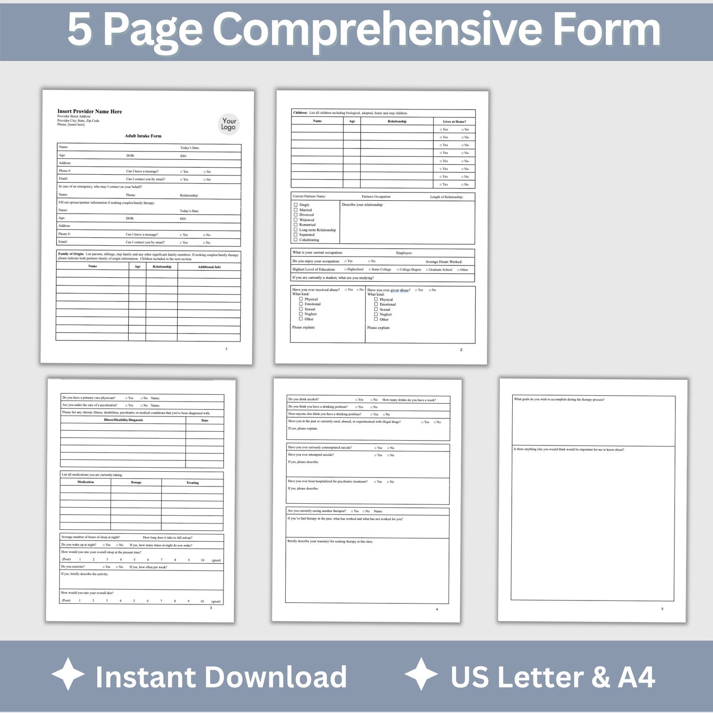 Adult Client Intake Form for Mental Health Professionals