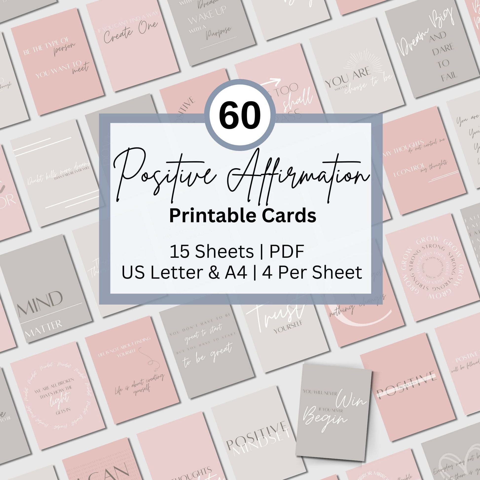 Positive affirmation printable cards, perfect for daily motivation and self-care. This set includes 60 positive quotes, filled with empowering and uplifting messages to inspire positivity, self-love, and mindfulness.