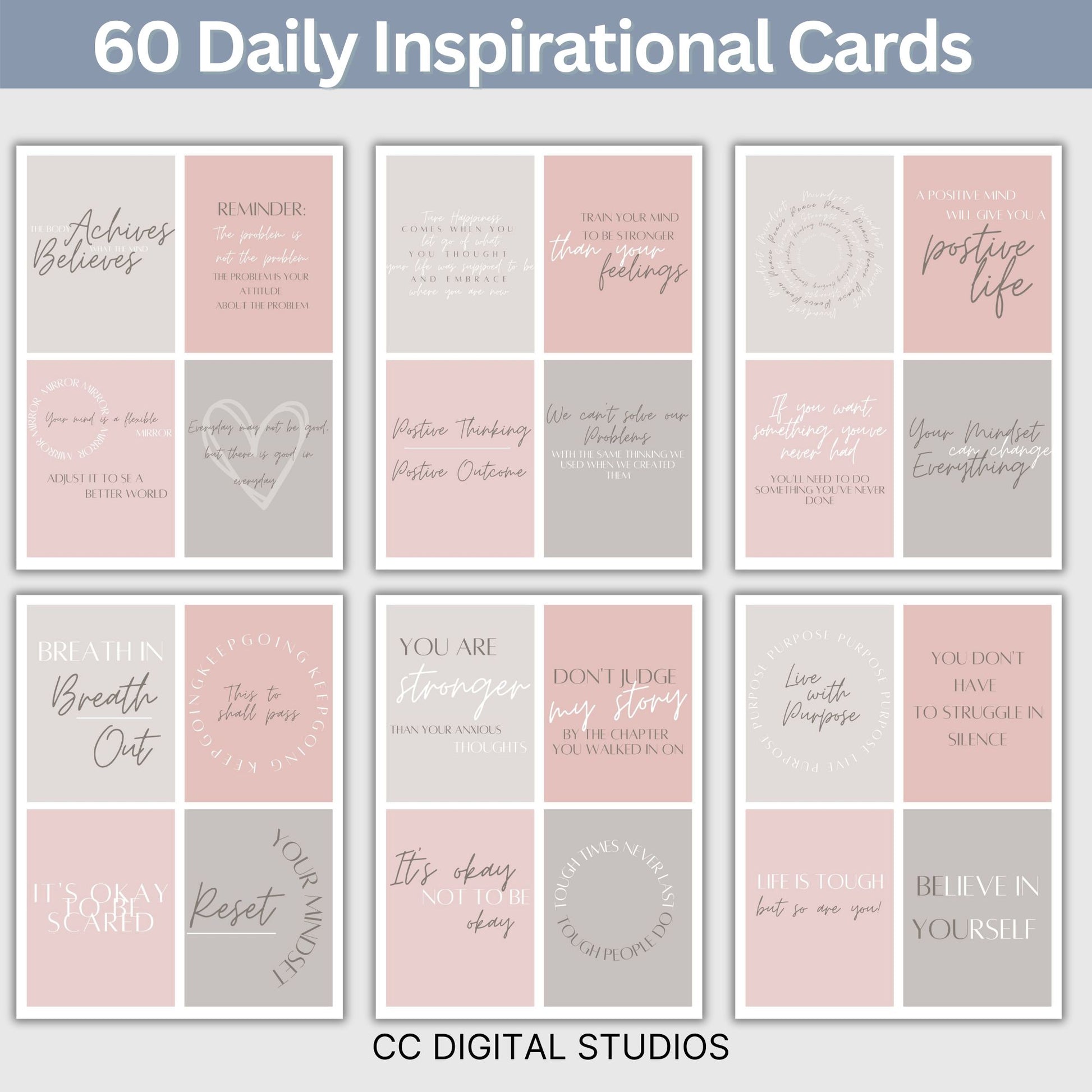 Positive affirmation printable cards, perfect for daily motivation and self-care. This set includes 60 positive quotes, filled with empowering and uplifting messages to inspire positivity, self-love, and mindfulness.