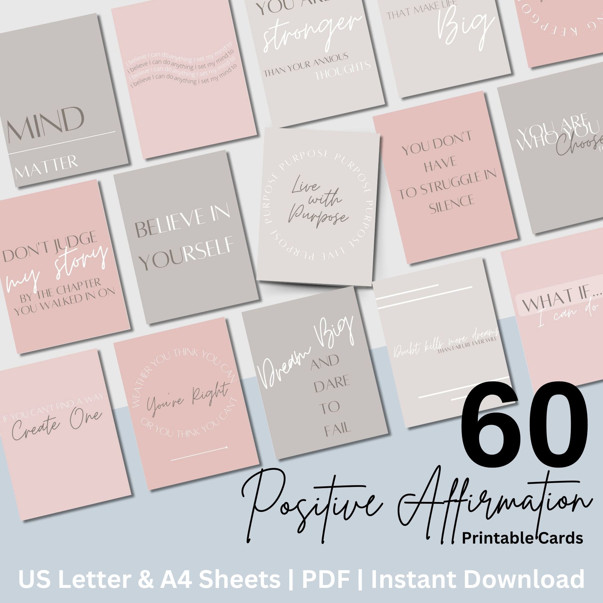 Positive affirmation printable cards, perfect for daily motivation and self-care. This set includes 60 positive quotes, filled with empowering and uplifting messages to inspire positivity, self-love, and mindfulness.